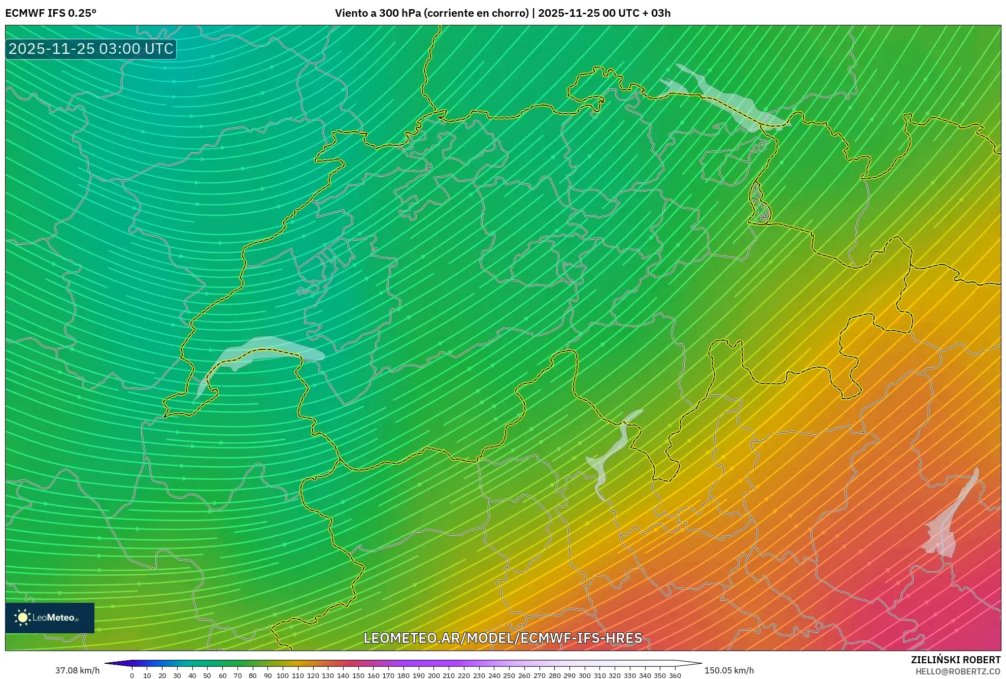 ECMWF IFS 0.25° model - Suiza, Viento a 300 hPa (corriente en chorro)
