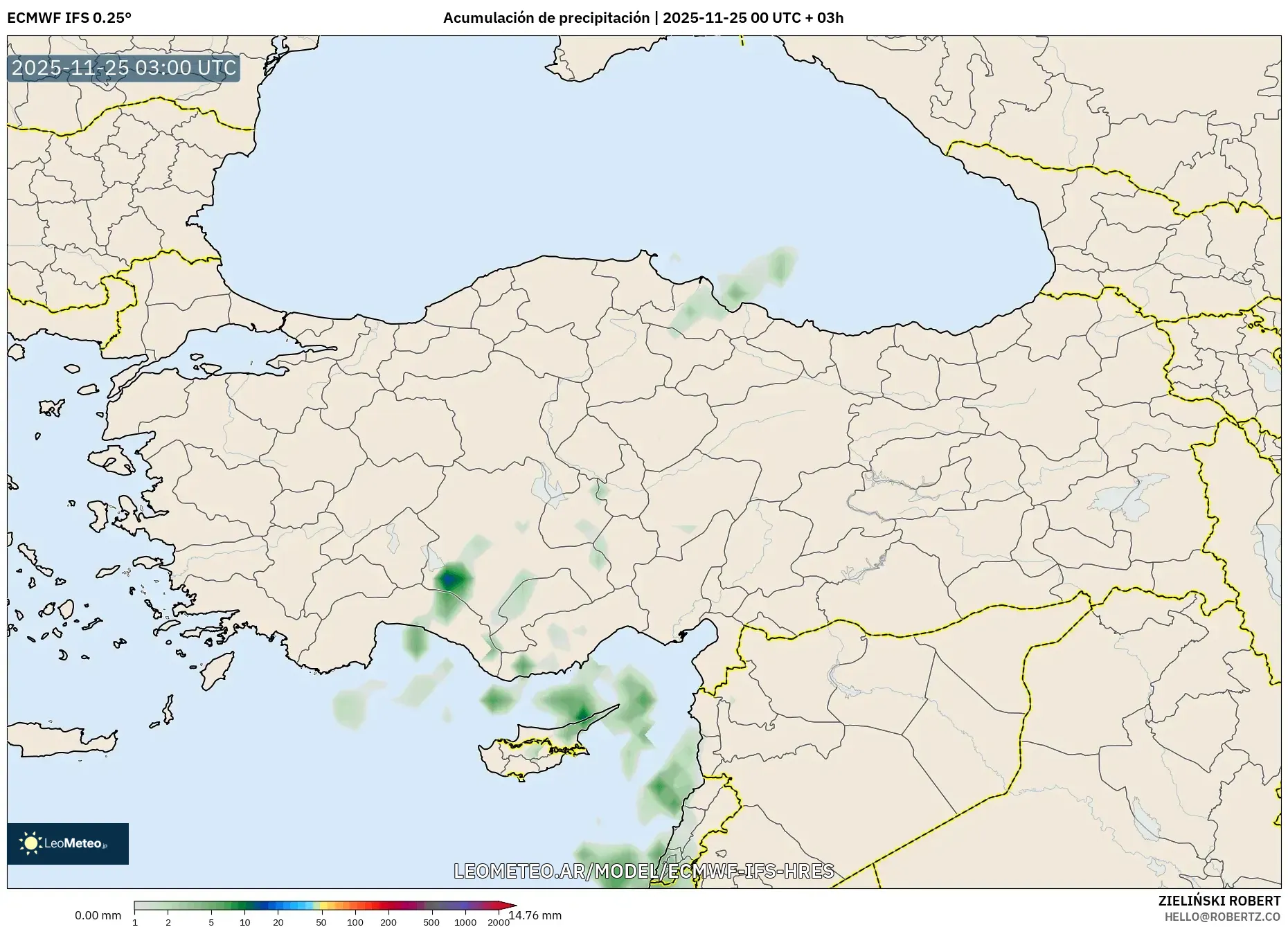 ECMWF IFS 0.25° model - Turquía, Acumulación de precipitación