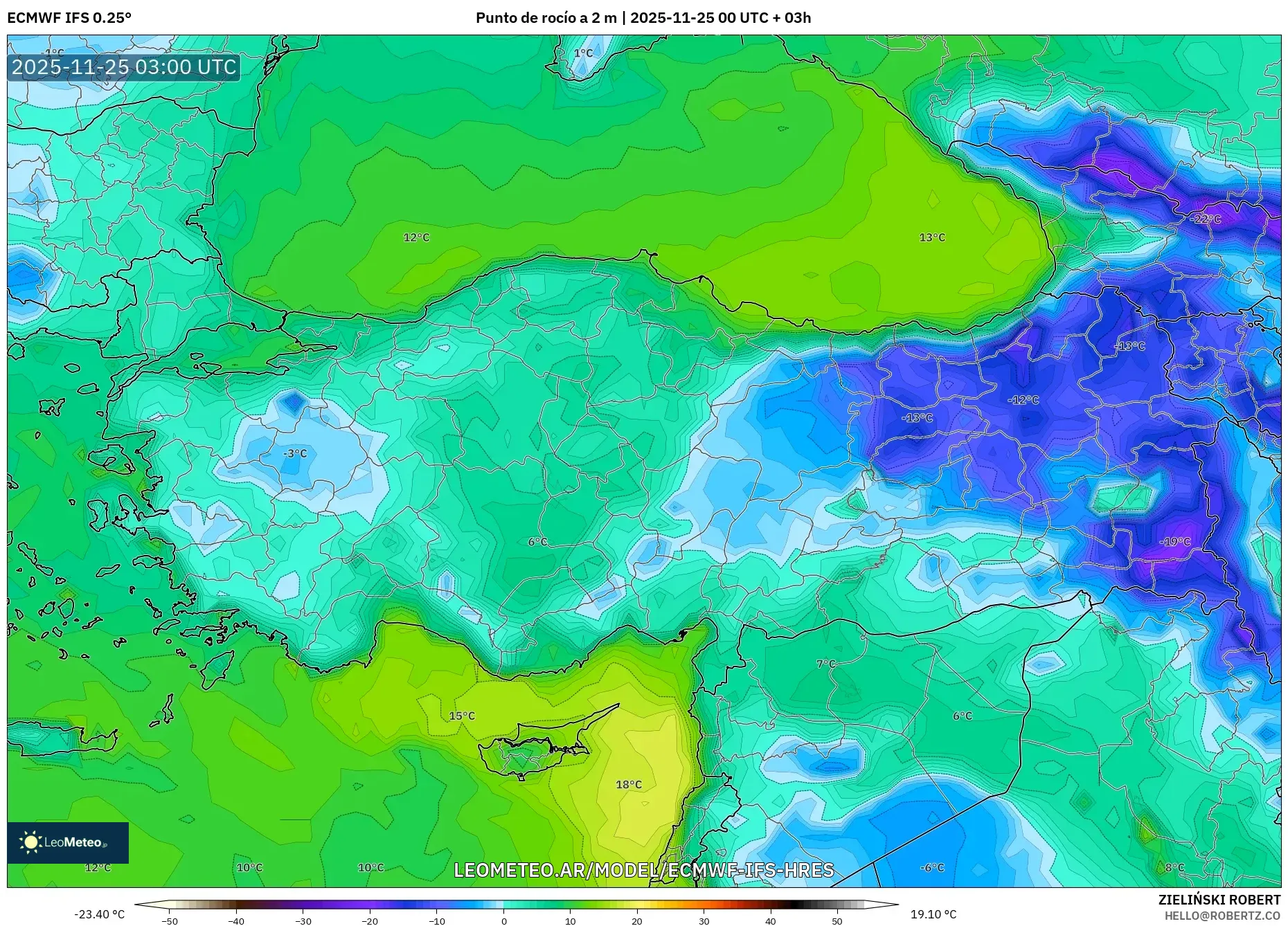 ECMWF IFS 0.25° model - Turquía, Punto de rocío a 2 m