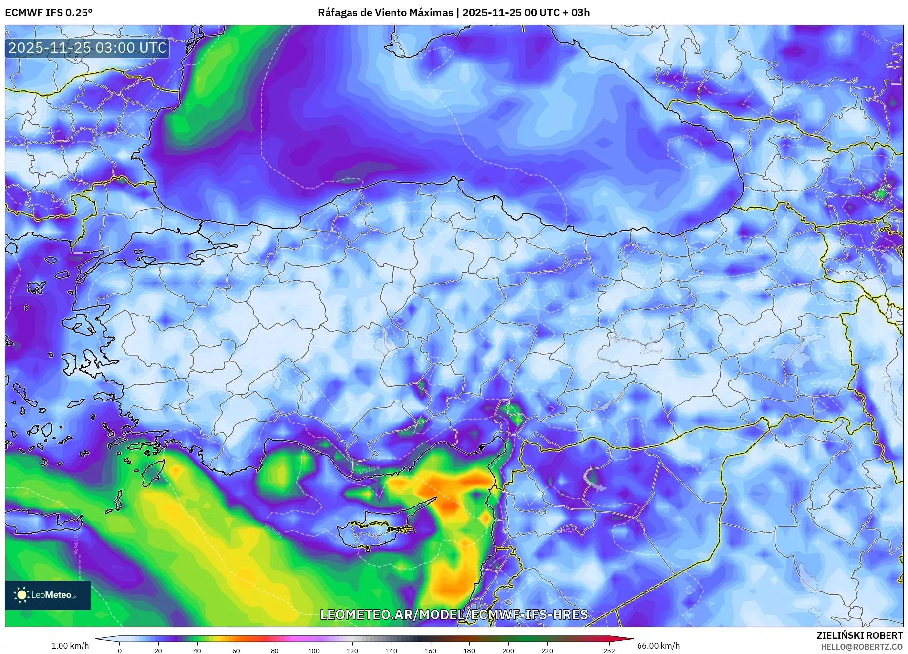 ECMWF IFS 0.25° model - Turquía, Ráfagas de Viento Máximas