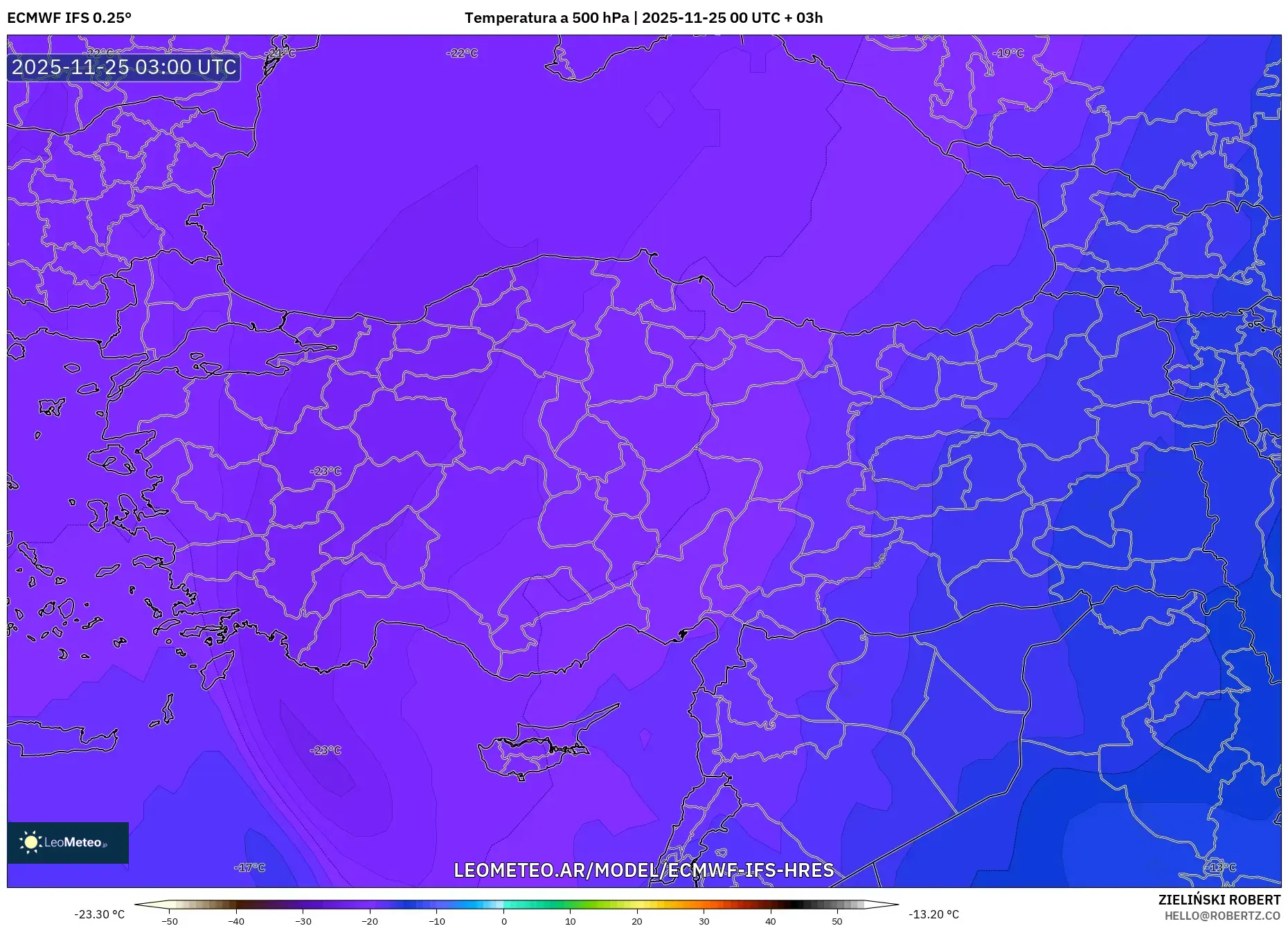 ECMWF IFS 0.25° model - Turquía, Temperatura a 500 hPa