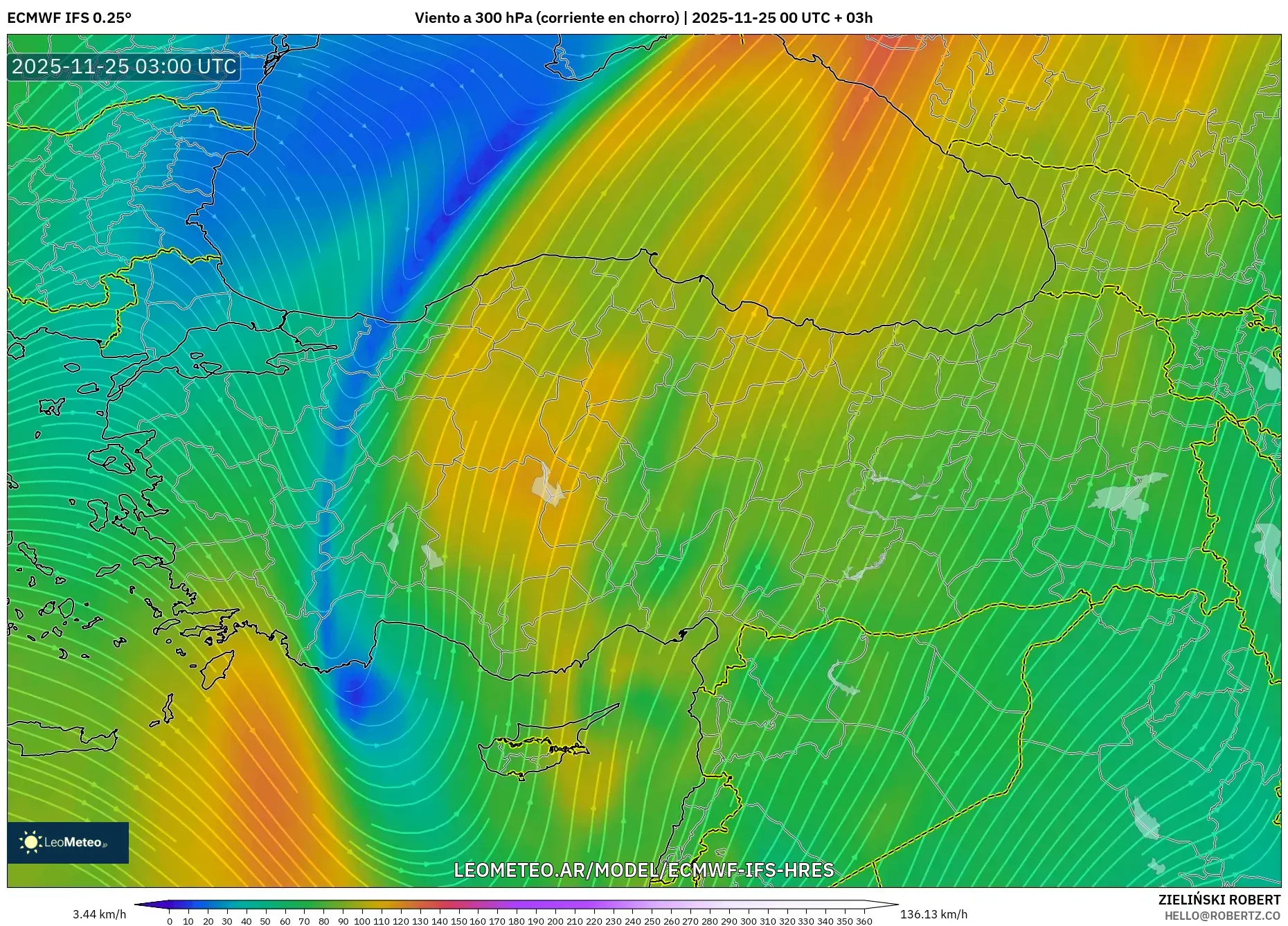 ECMWF IFS 0.25° model - Turquía, Viento a 300 hPa (corriente en chorro)