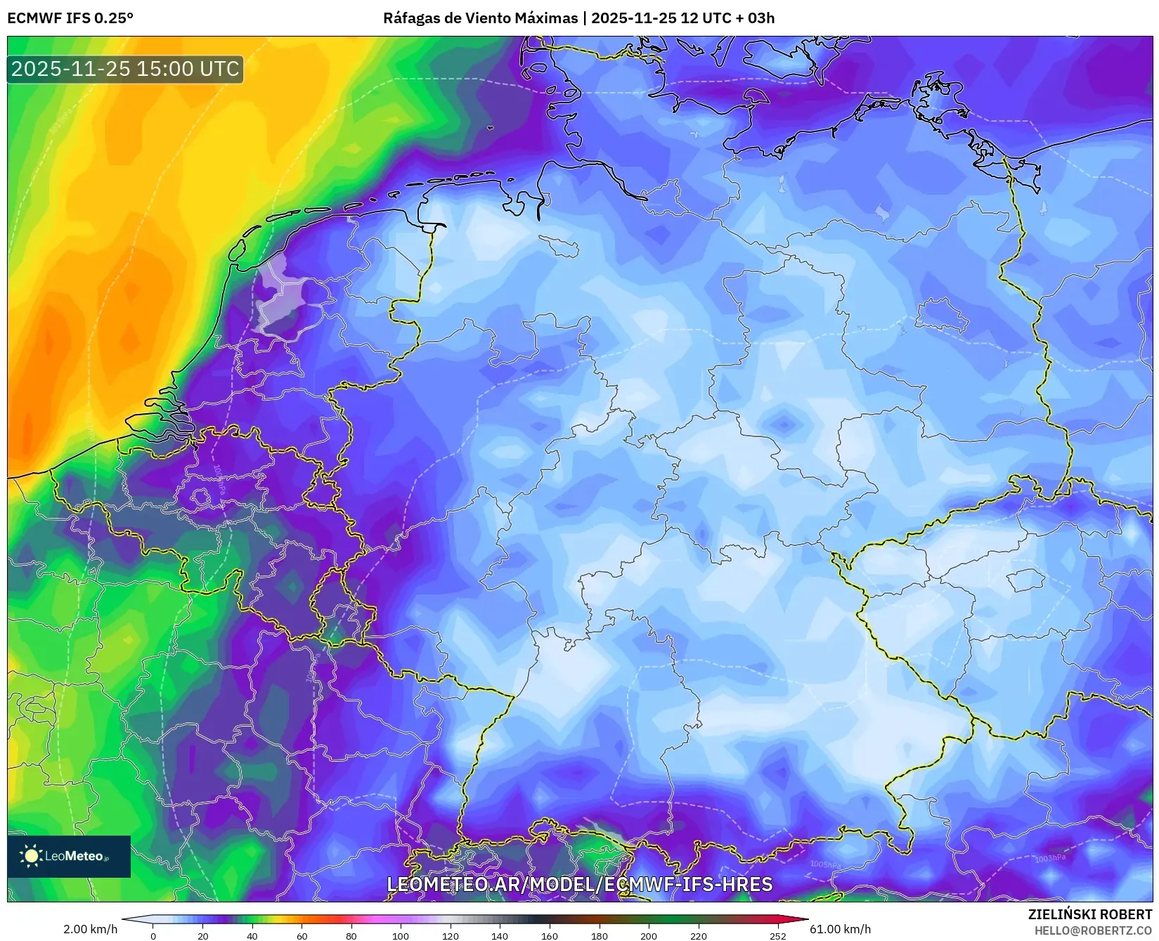 ECMWF IFS 0.25° model - Alemania, Ráfagas de Viento Máximas