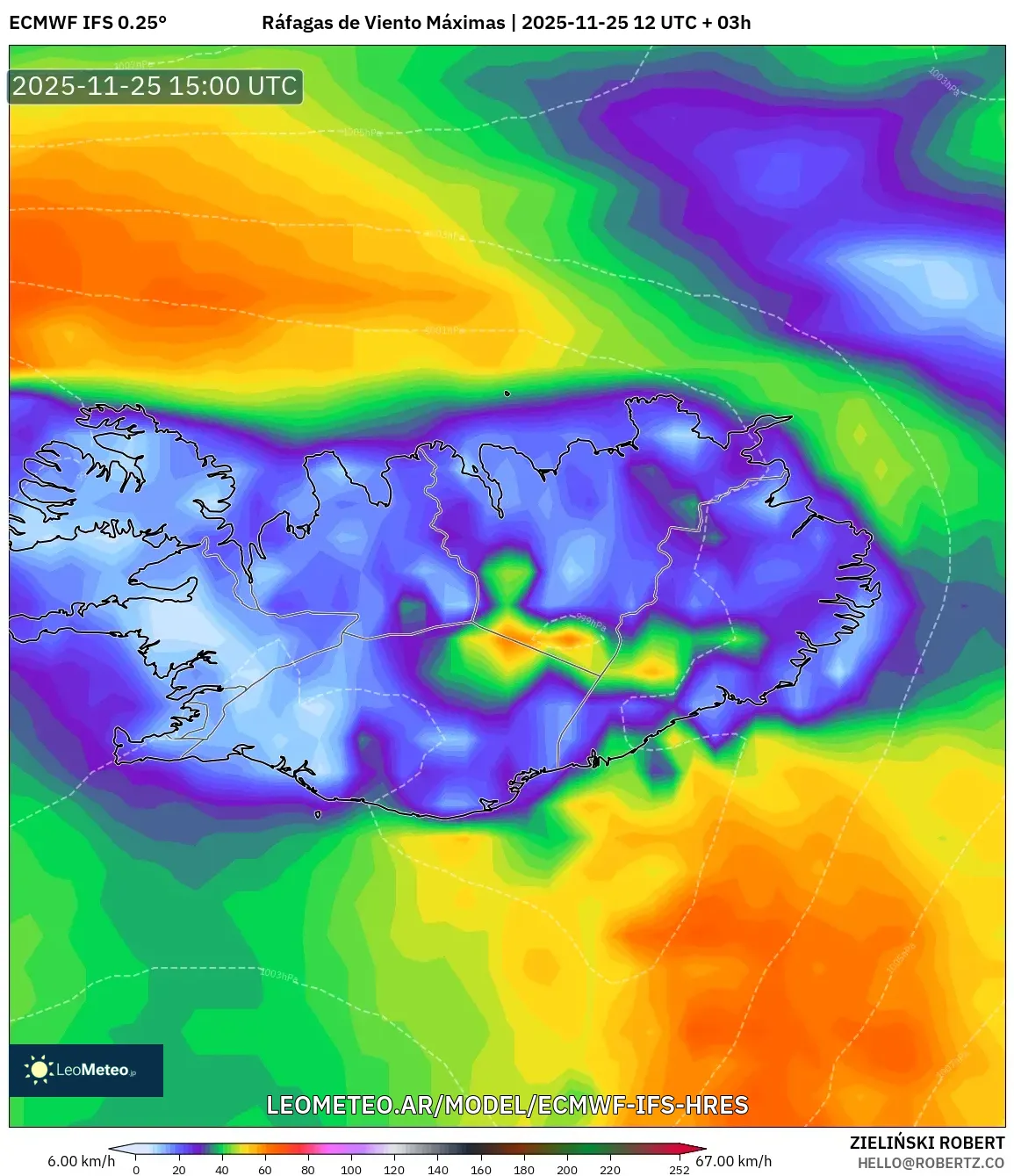 ECMWF IFS 0.25° model - Islandia, Ráfagas de Viento Máximas