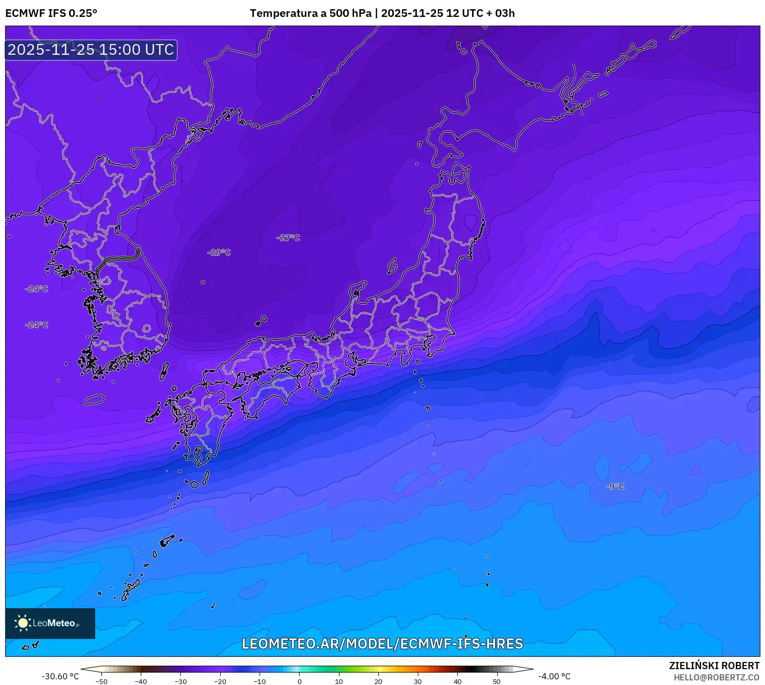 ECMWF IFS 0.25° model - Japón, Temperatura a 500 hPa