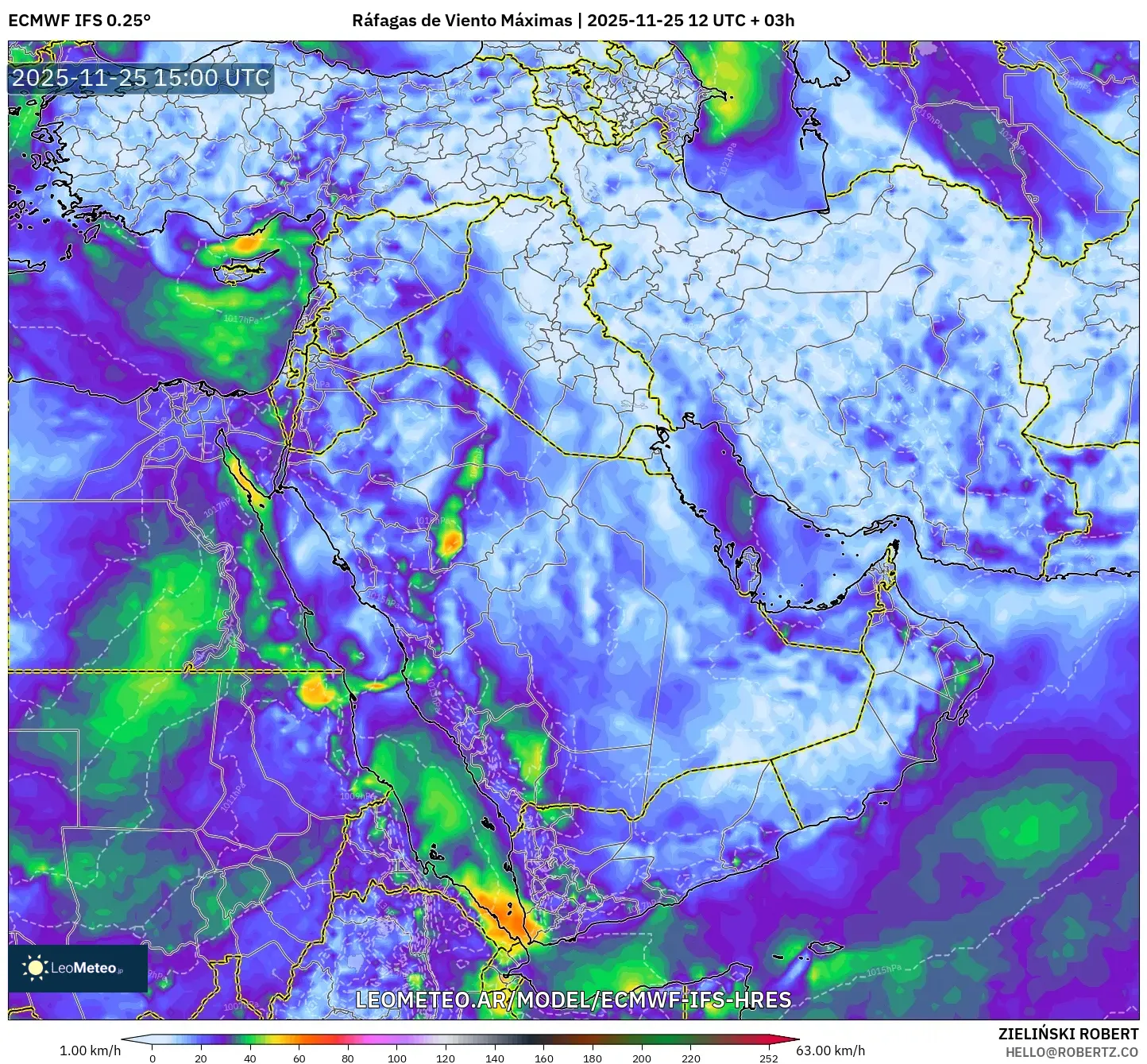 ECMWF IFS 0.25° model - Oriente Medio, Ráfagas de Viento Máximas