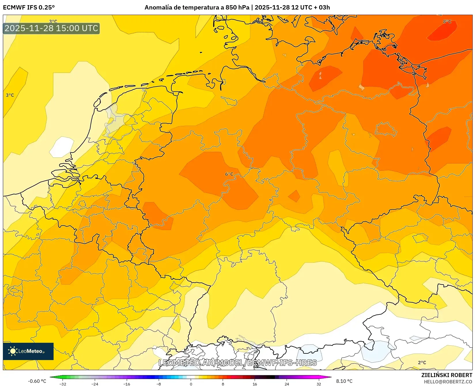 ECMWF IFS 0.25° model - Alemania, Anomalía de temperatura a 850 hPa