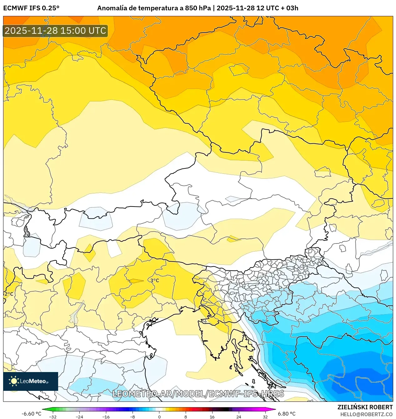 ECMWF IFS 0.25° model - Austria, Anomalía de temperatura a 850 hPa