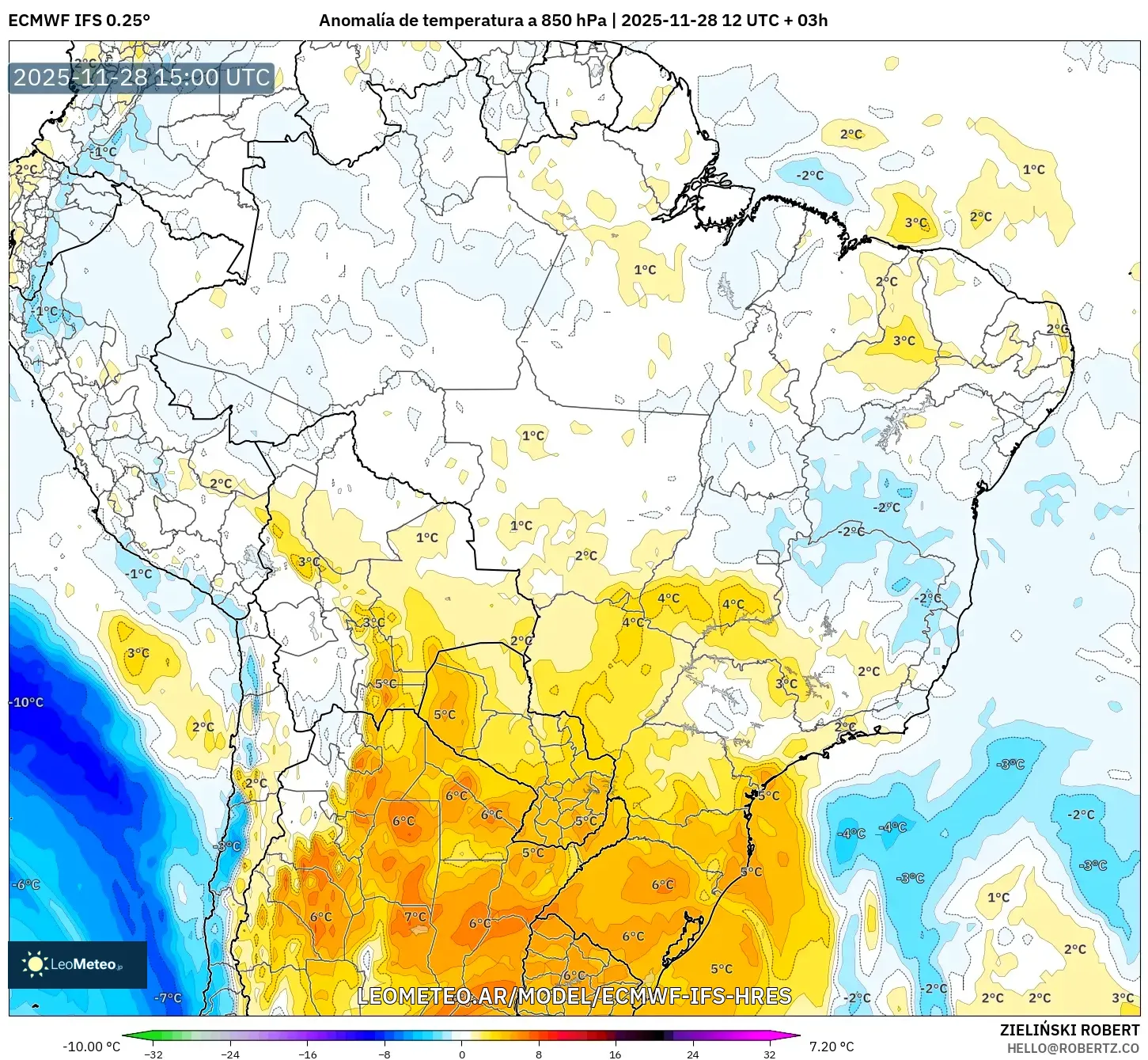 ECMWF IFS 0.25° model - Brasil, Anomalía de temperatura a 850 hPa