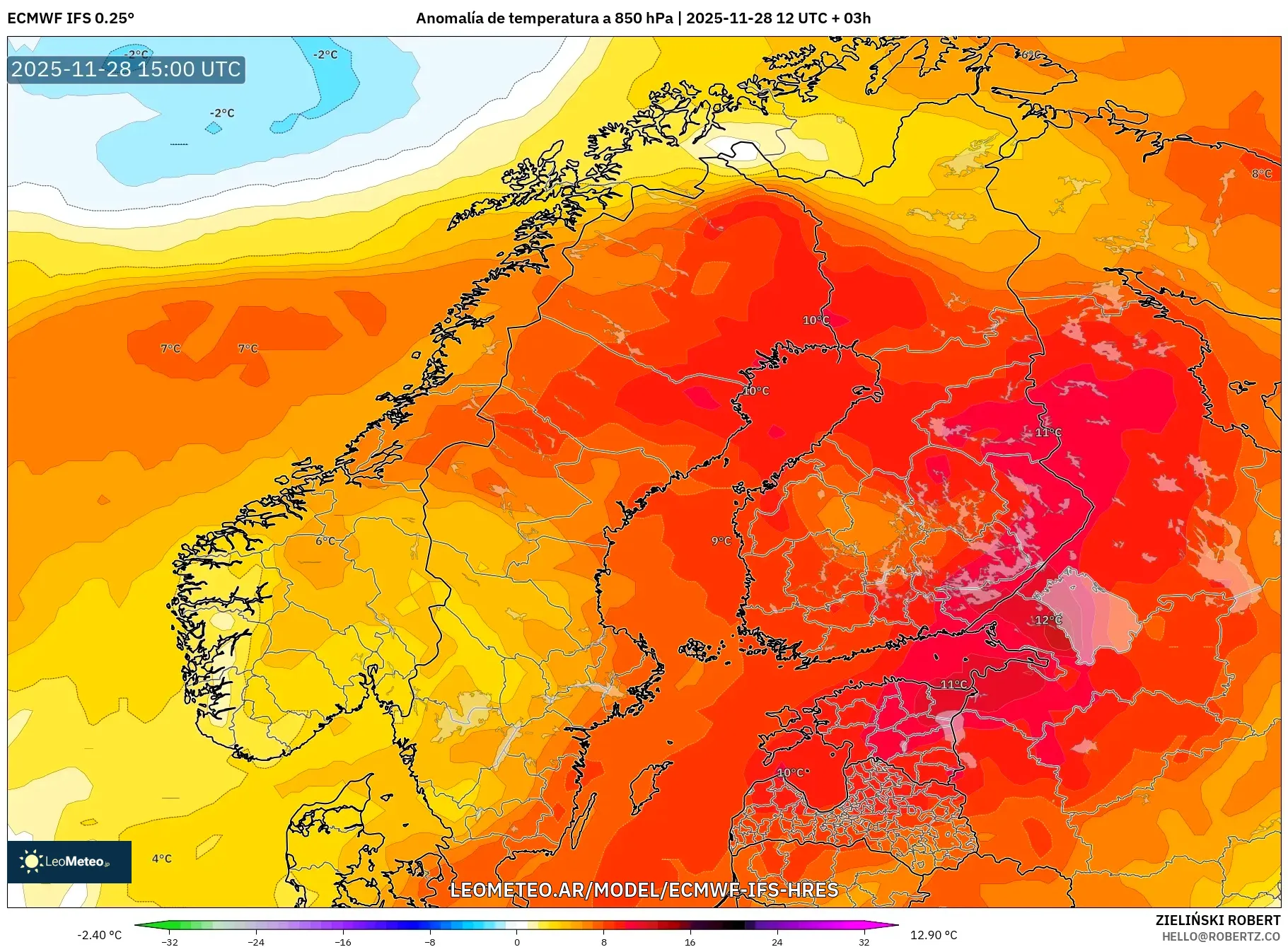 ECMWF IFS 0.25° model - Escandinavia, Anomalía de temperatura a 850 hPa