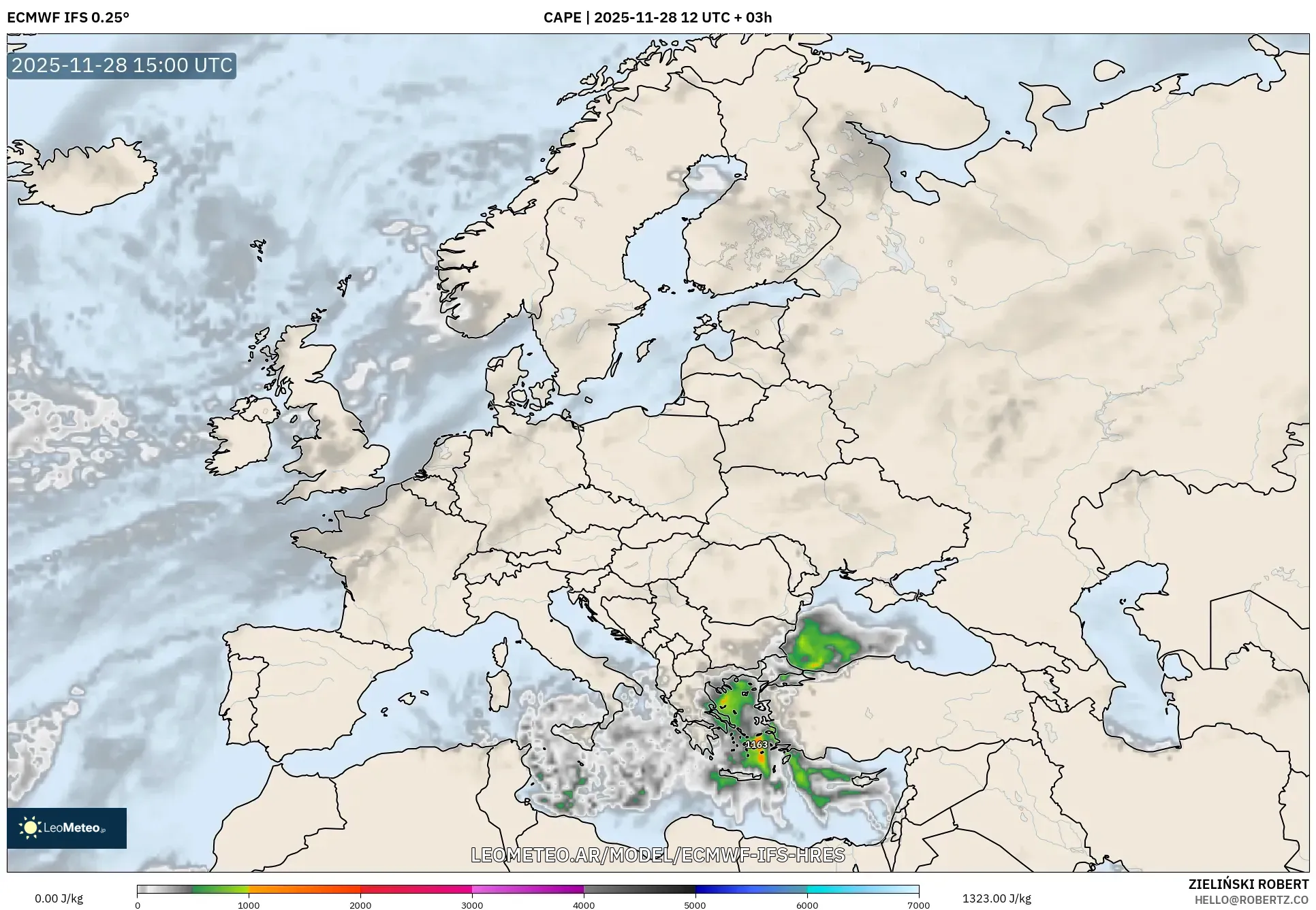 ECMWF IFS 0.25° model - Europa, CAPE