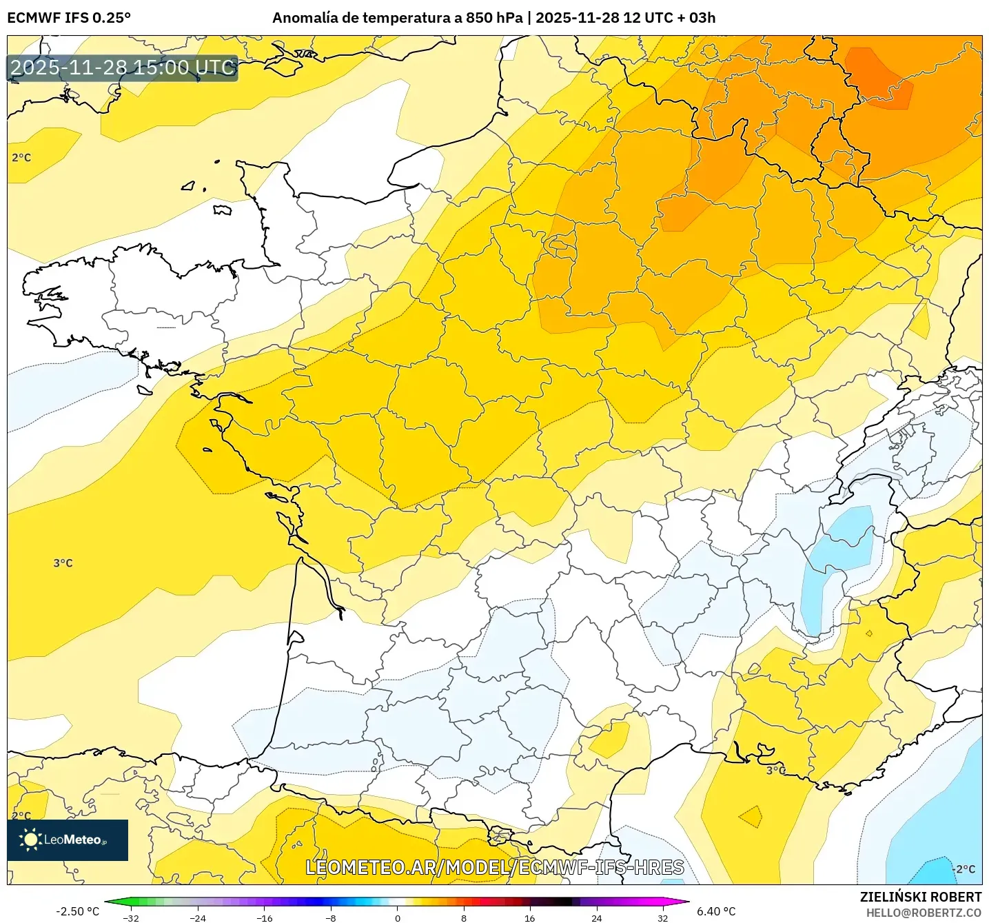 ECMWF IFS 0.25° model - Francia, Anomalía de temperatura a 850 hPa