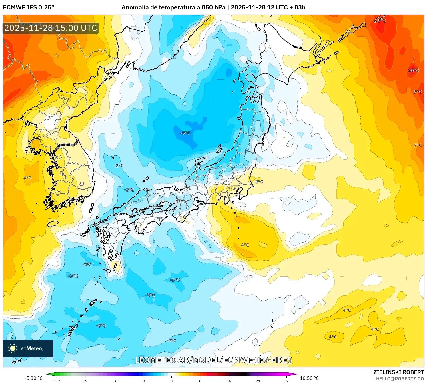 ECMWF IFS 0.25° model - Japón, Anomalía de temperatura a 850 hPa