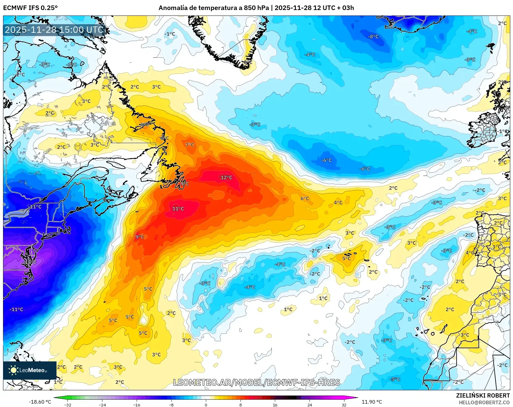 ECMWF IFS 0.25° model - Norte Atlántico, Anomalía de temperatura a 850 hPa