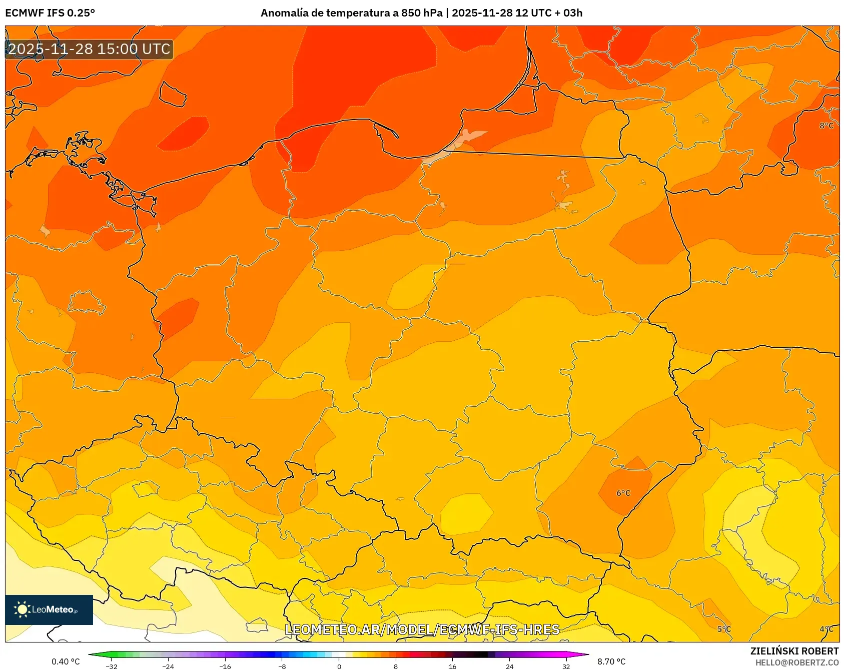 ECMWF IFS 0.25° model - Polonia, Anomalía de temperatura a 850 hPa