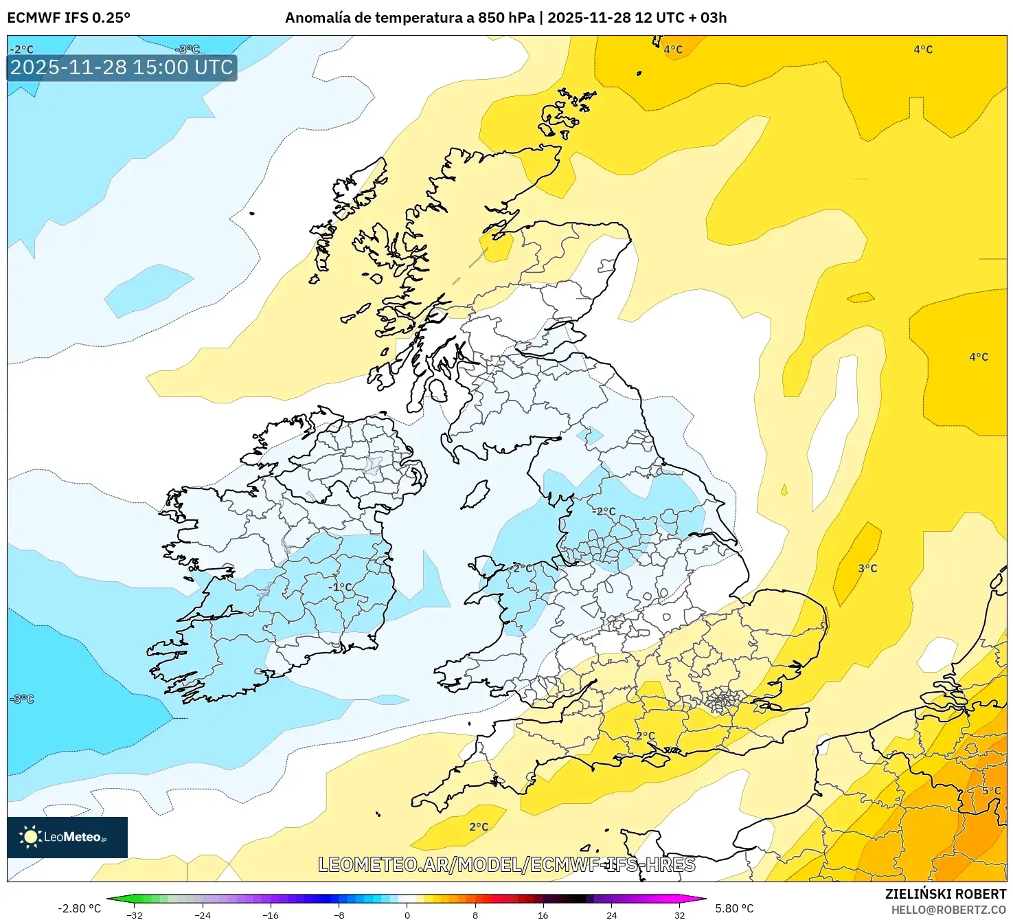ECMWF IFS 0.25° model - Reino Unido, Anomalía de temperatura a 850 hPa