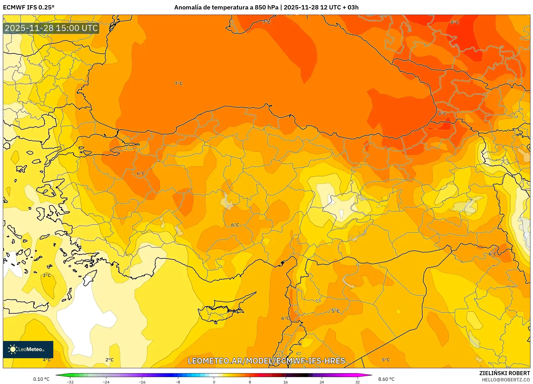 ECMWF IFS 0.25° model - Turquía, Anomalía de temperatura a 850 hPa