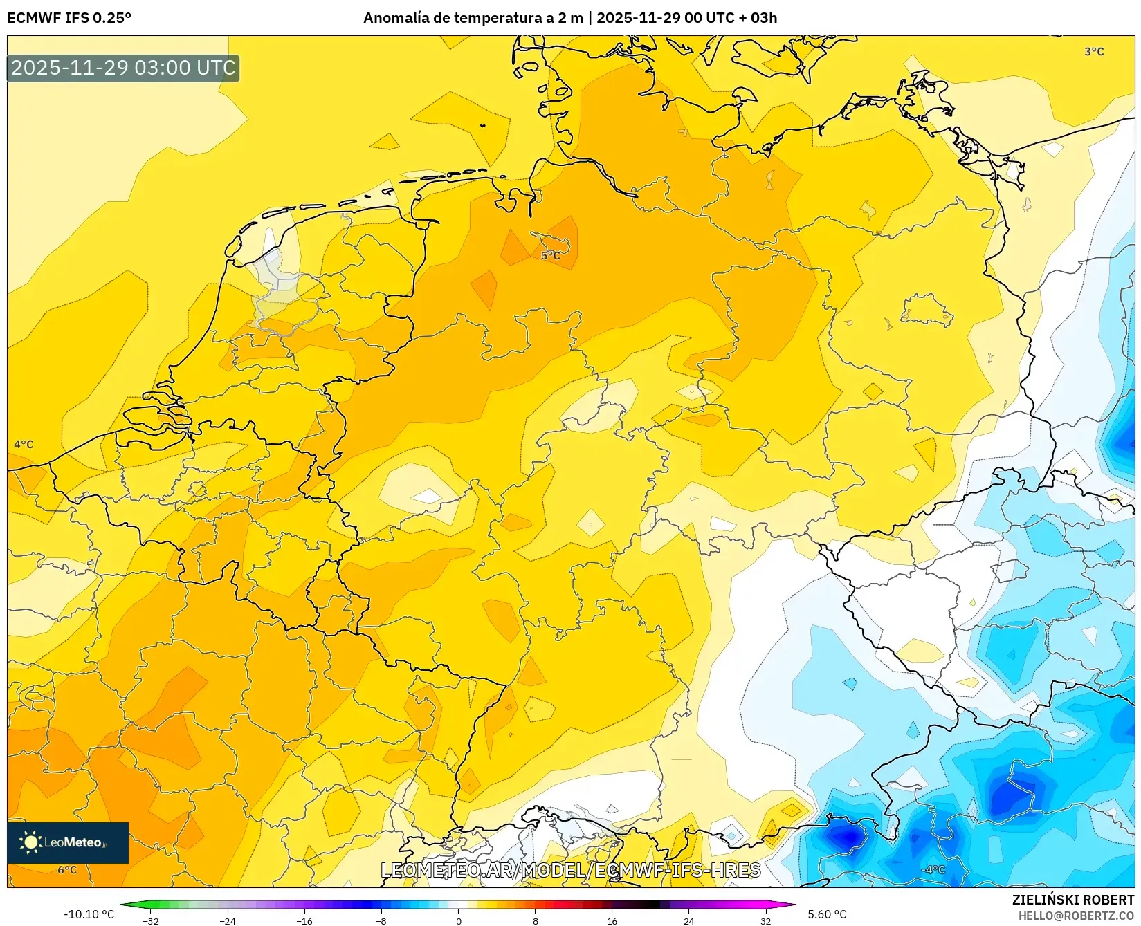 ECMWF IFS 0.25° model - Alemania, Anomalía de temperatura a 2 m