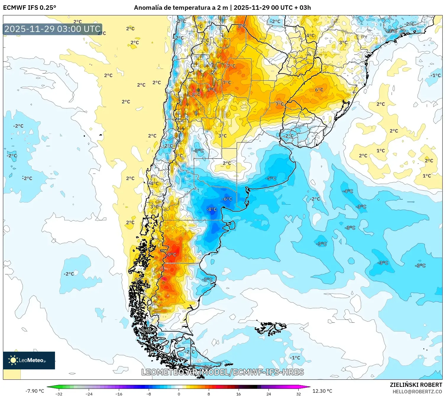 ECMWF IFS 0.25° model - Argentina, Anomalía de temperatura a 2 m