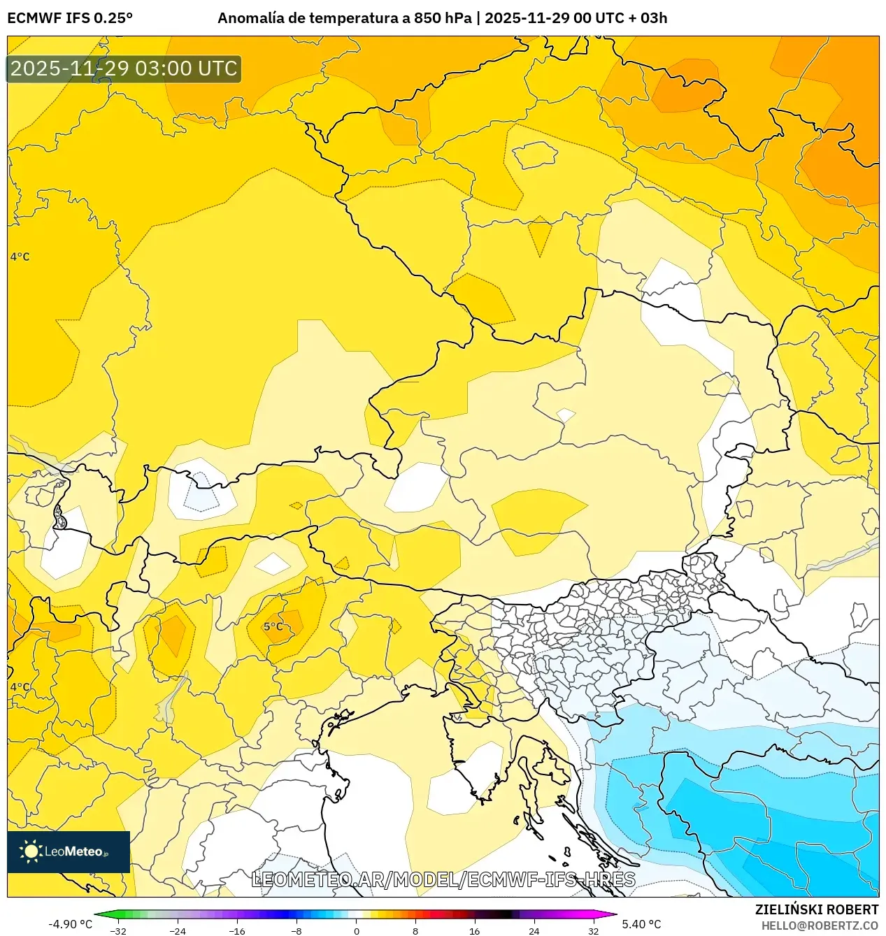 ECMWF IFS 0.25° model - Austria, Anomalía de temperatura a 850 hPa