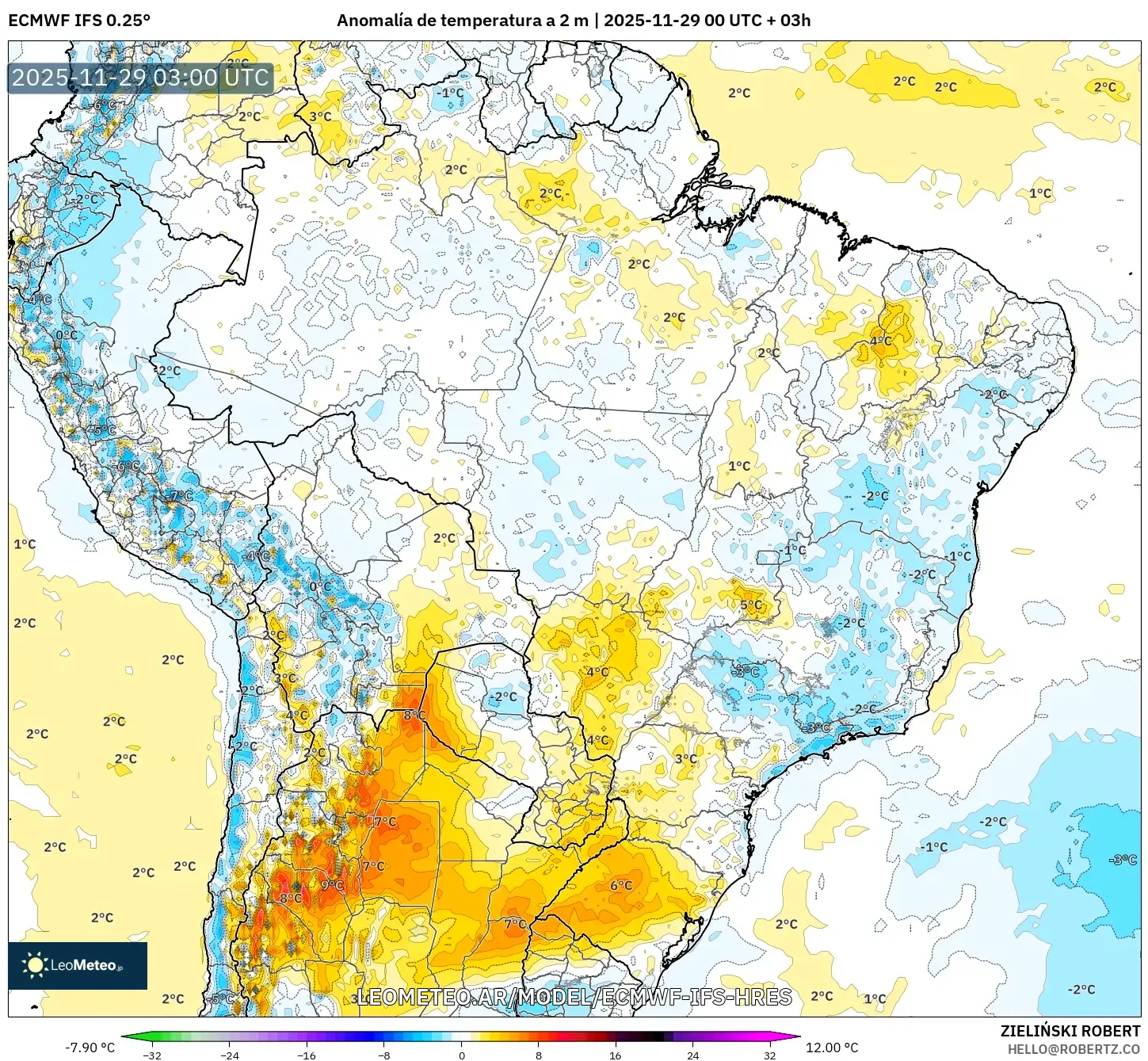 ECMWF IFS 0.25° model - Brasil, Anomalía de temperatura a 2 m