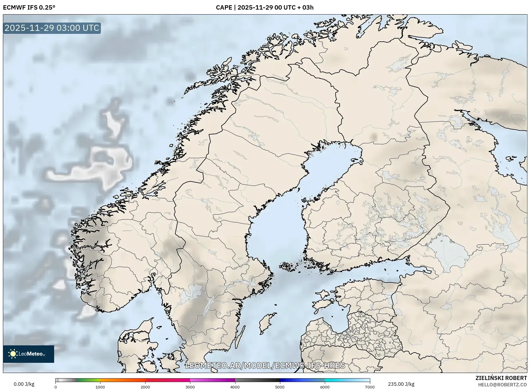 ECMWF IFS 0.25° model - Escandinavia, CAPE