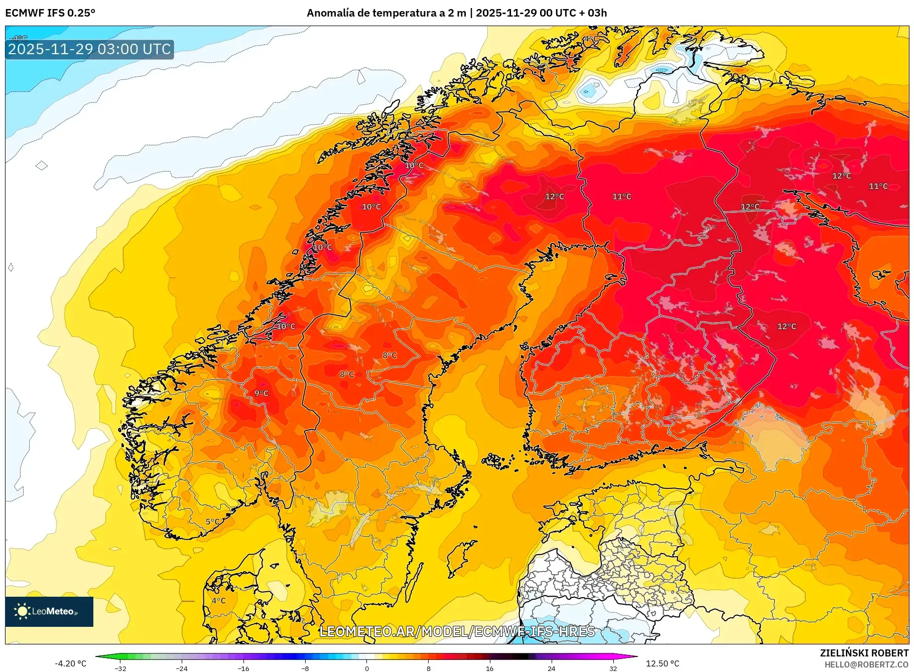 ECMWF IFS 0.25° model - Escandinavia, Anomalía de temperatura a 2 m