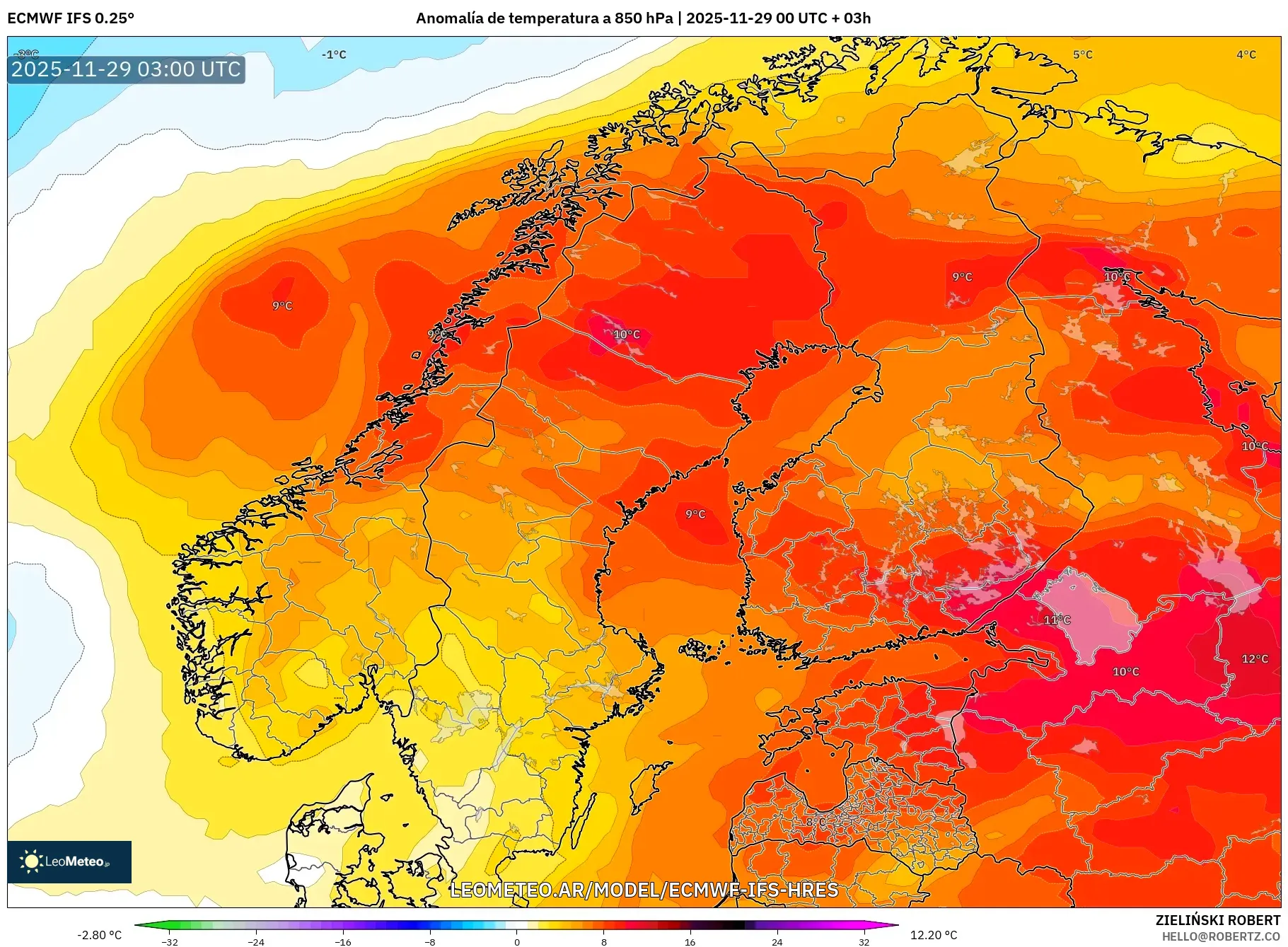 ECMWF IFS 0.25° model - Escandinavia, Anomalía de temperatura a 850 hPa