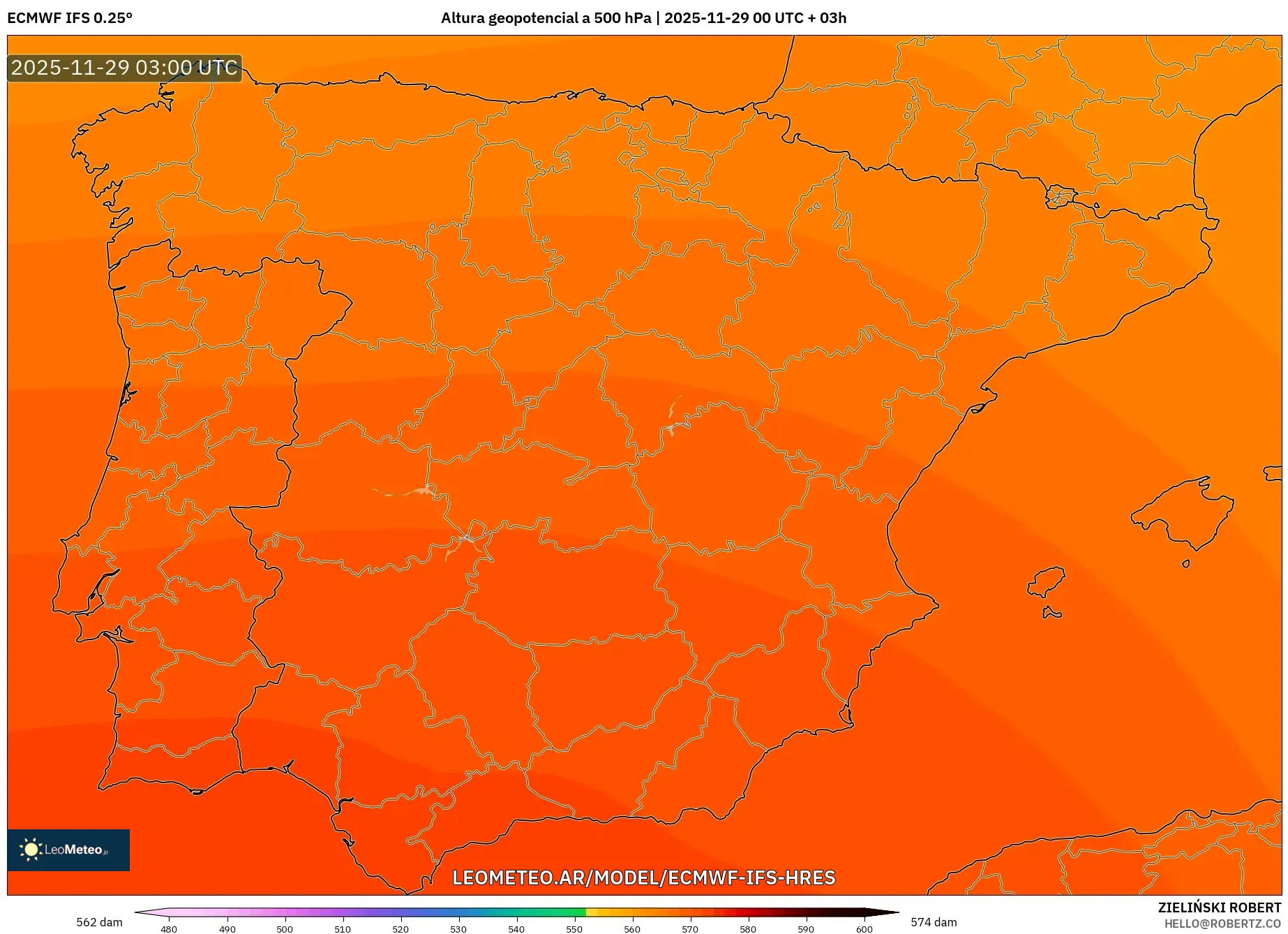 ECMWF IFS 0.25° model - España, Altura geopotencial a 500 hPa
