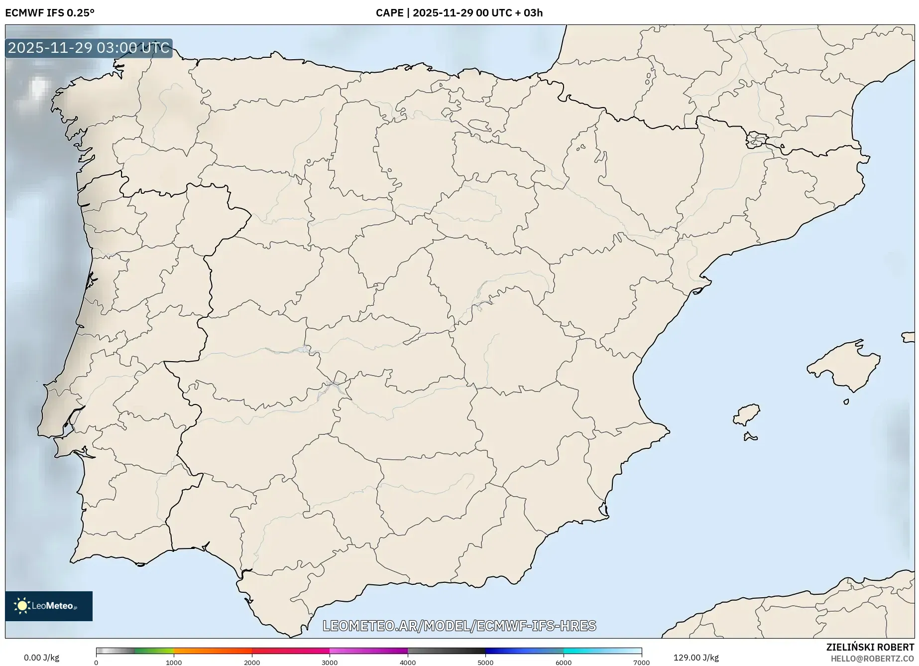 ECMWF IFS 0.25° model - España, CAPE