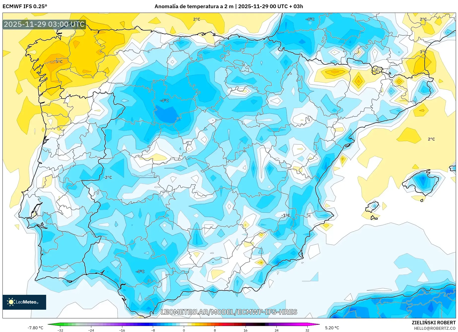 ECMWF IFS 0.25° model - España, Anomalía de temperatura a 2 m