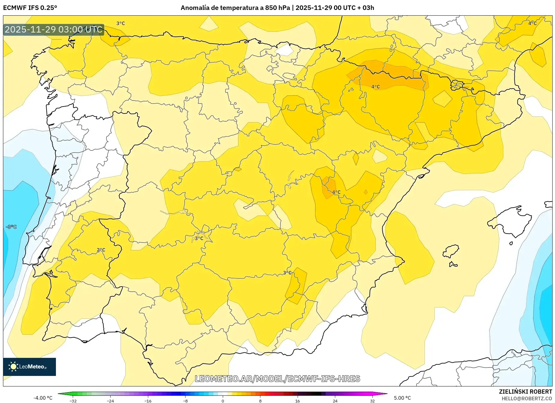 ECMWF IFS 0.25° model - España, Anomalía de temperatura a 850 hPa