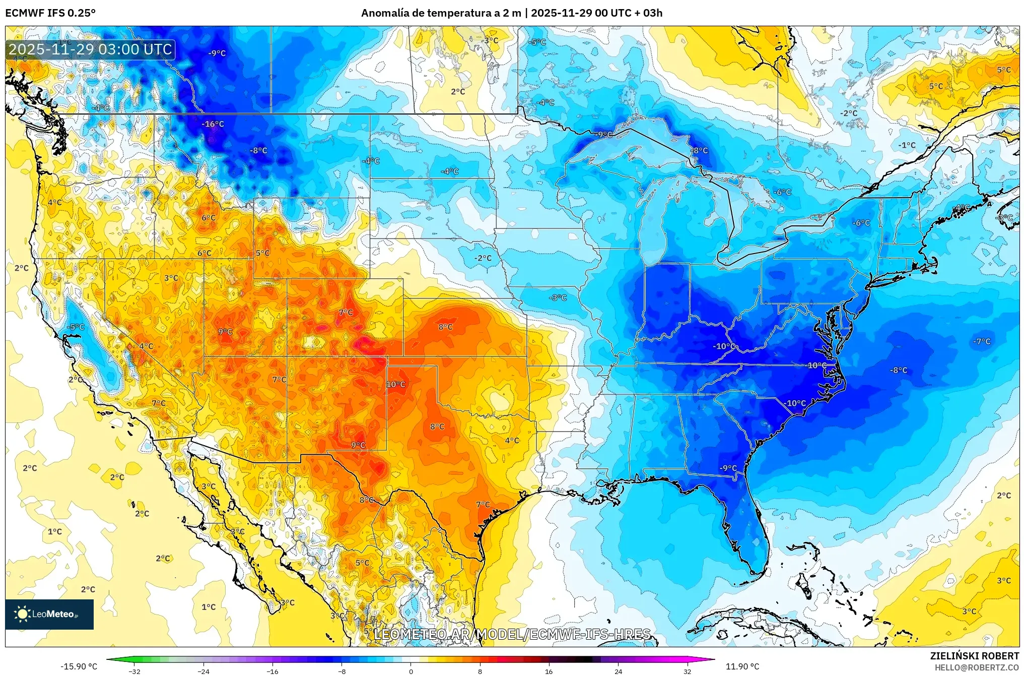 ECMWF IFS 0.25° model - Estados Unidos, Anomalía de temperatura a 2 m