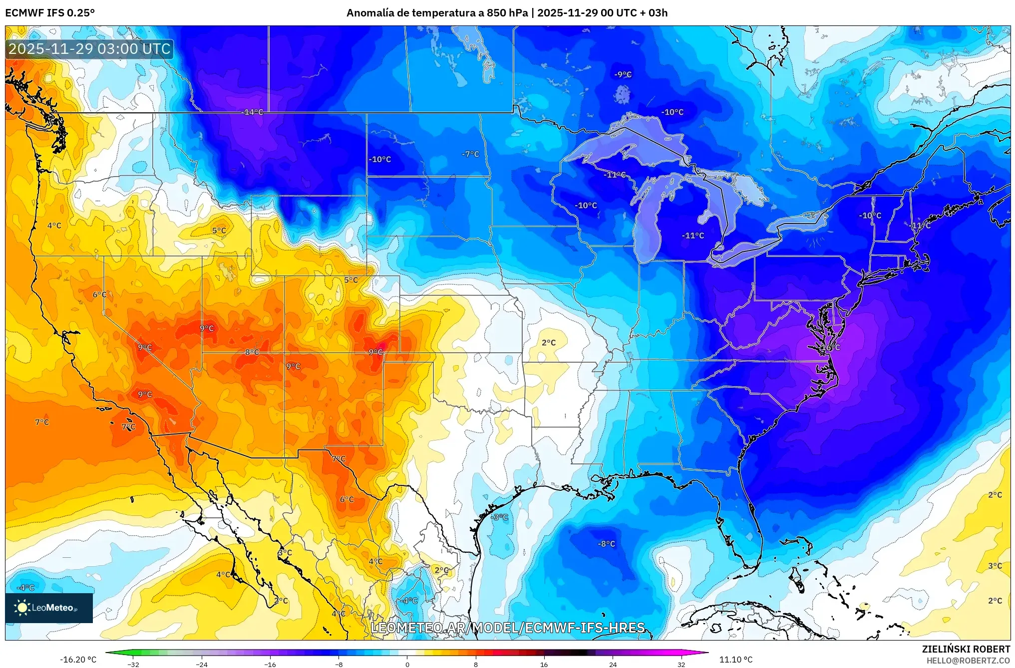 ECMWF IFS 0.25° model - Estados Unidos, Anomalía de temperatura a 850 hPa