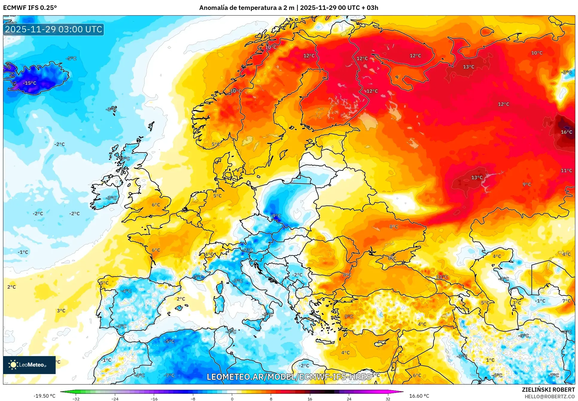 ECMWF IFS 0.25° model - Europa, Anomalía de temperatura a 2 m