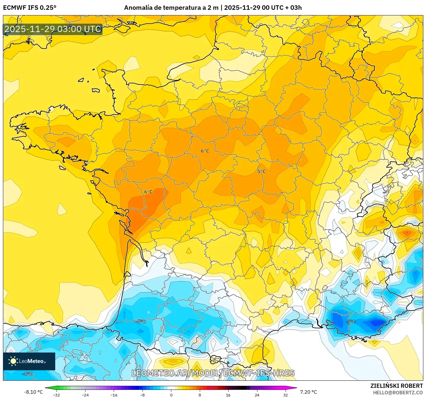 ECMWF IFS 0.25° model - Francia, Anomalía de temperatura a 2 m