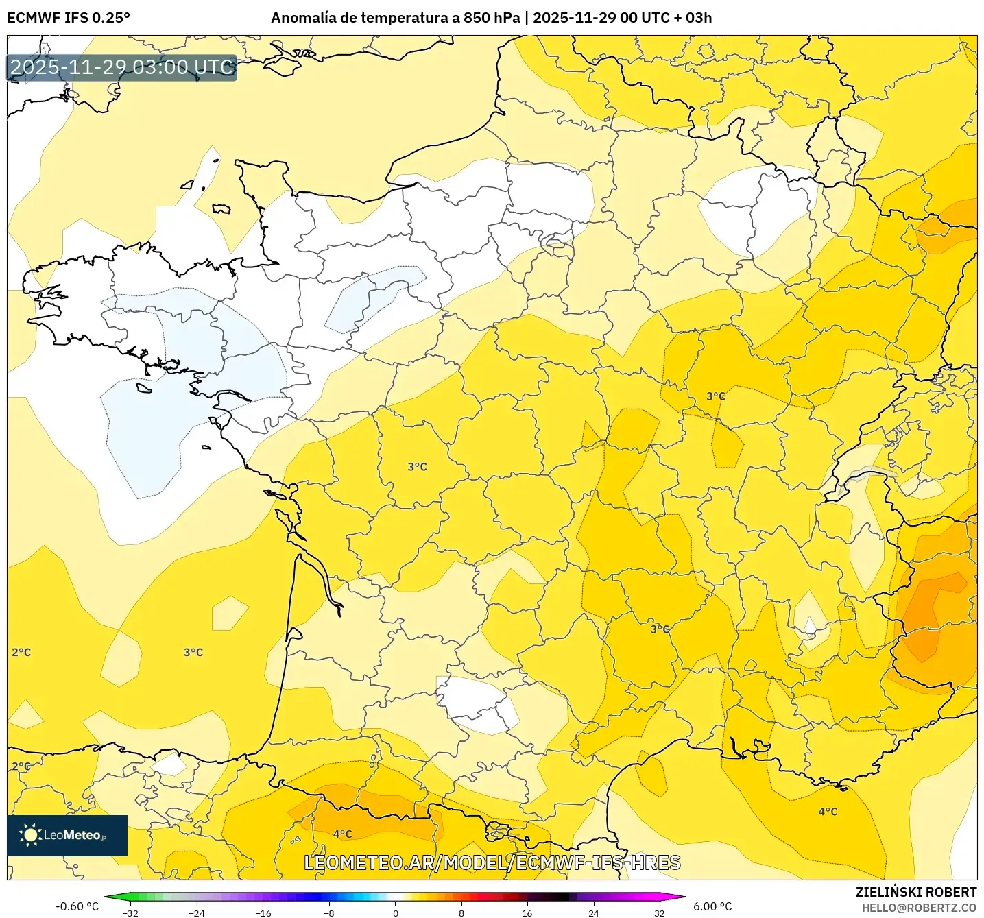 ECMWF IFS 0.25° model - Francia, Anomalía de temperatura a 850 hPa