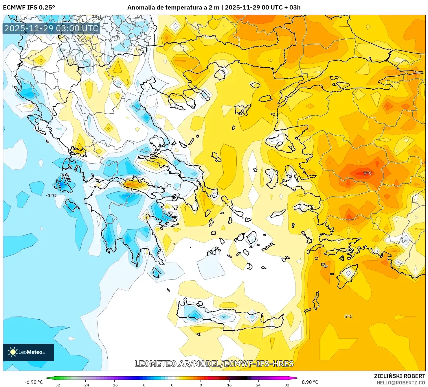 ECMWF IFS 0.25° model - Grecia, Anomalía de temperatura a 2 m