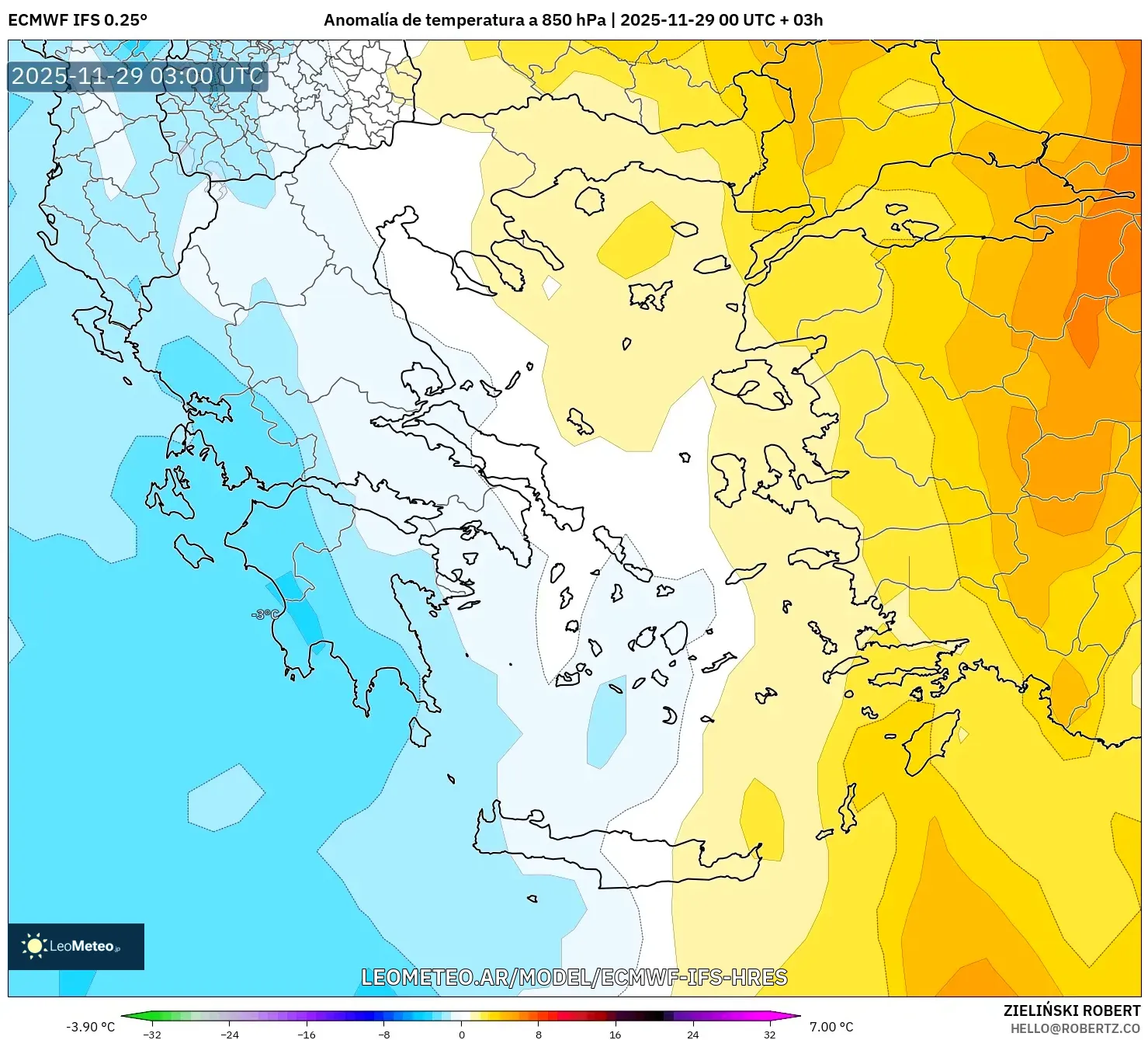 ECMWF IFS 0.25° model - Grecia, Anomalía de temperatura a 850 hPa