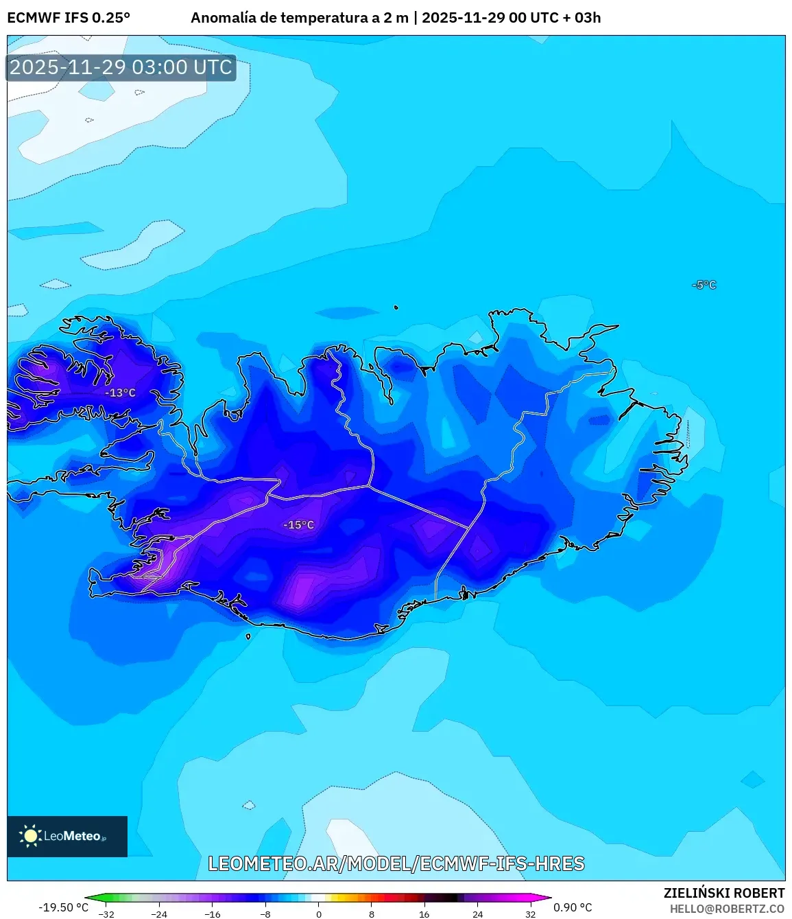 ECMWF IFS 0.25° model - Islandia, Anomalía de temperatura a 2 m