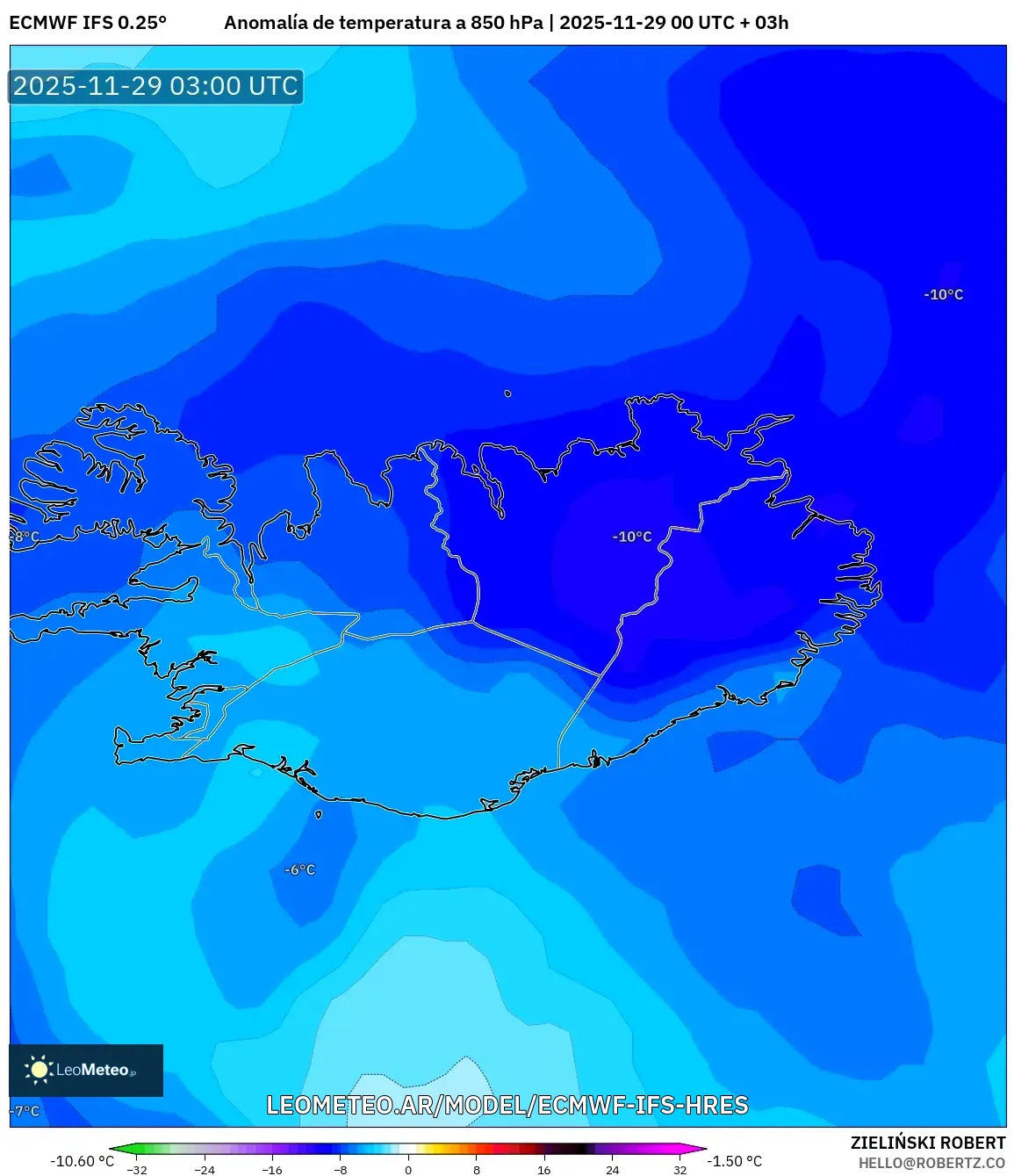 ECMWF IFS 0.25° model - Islandia, Anomalía de temperatura a 850 hPa