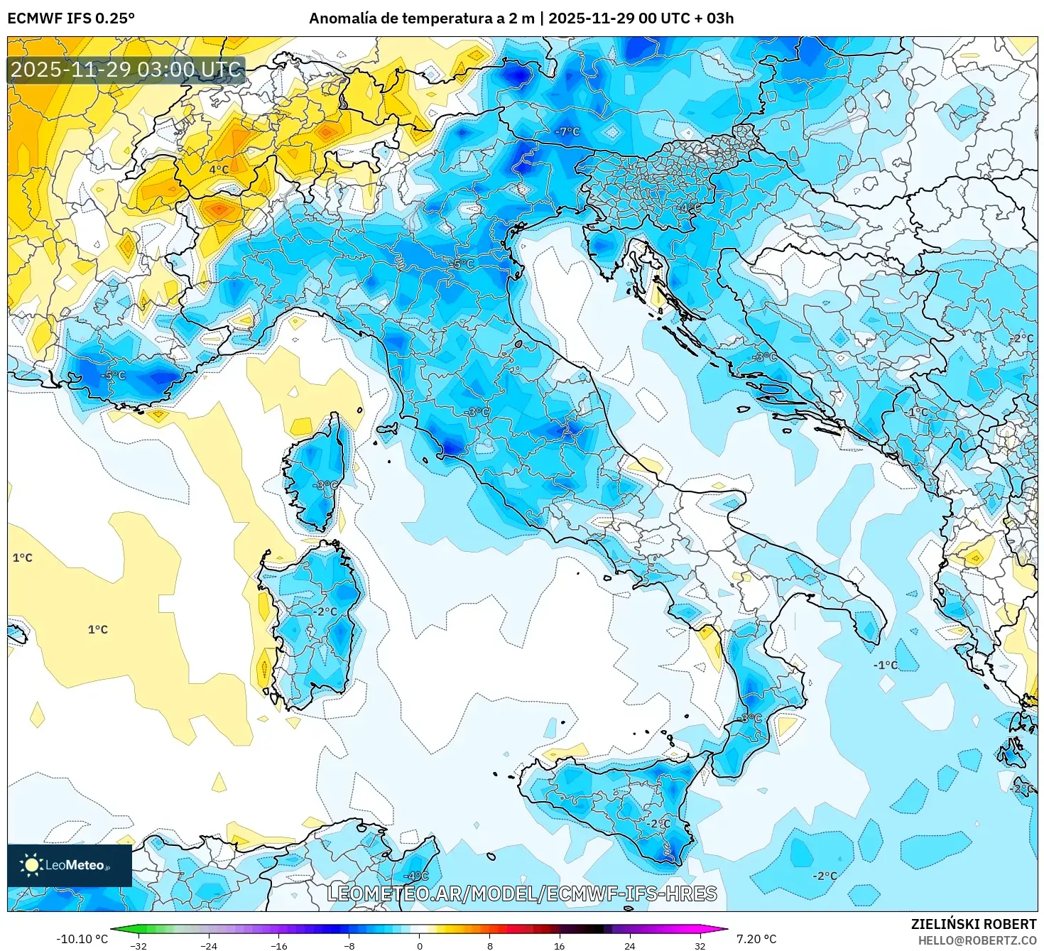 ECMWF IFS 0.25° model - Italia, Anomalía de temperatura a 2 m