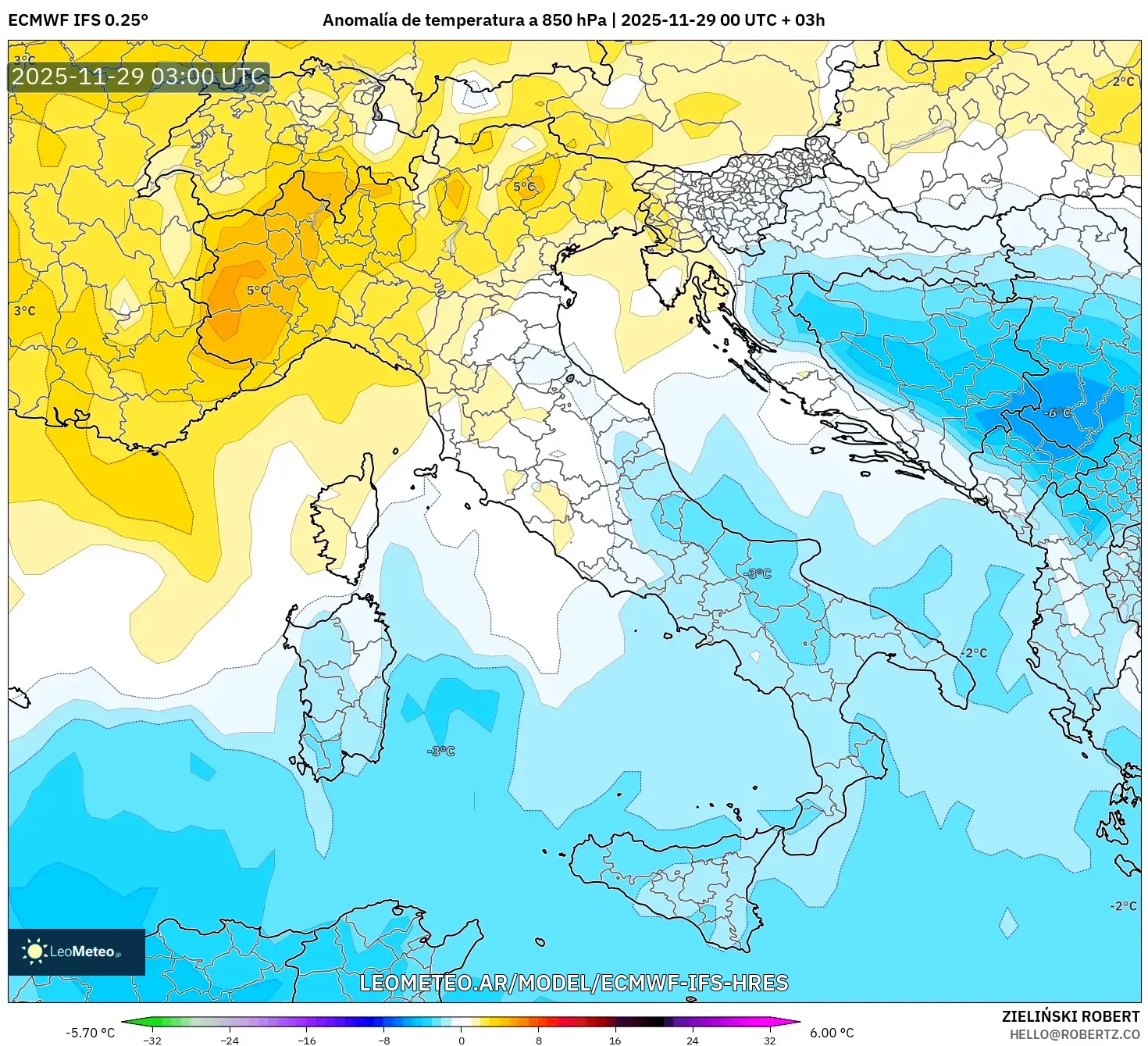 ECMWF IFS 0.25° model - Italia, Anomalía de temperatura a 850 hPa