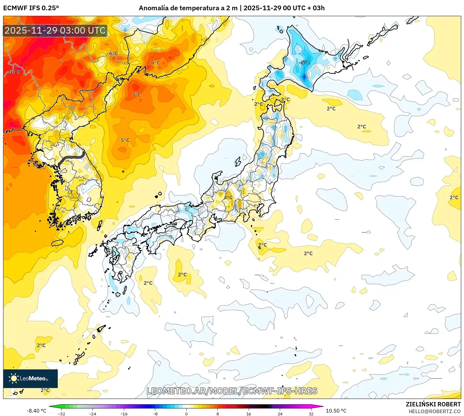 ECMWF IFS 0.25° model - Japón, Anomalía de temperatura a 2 m