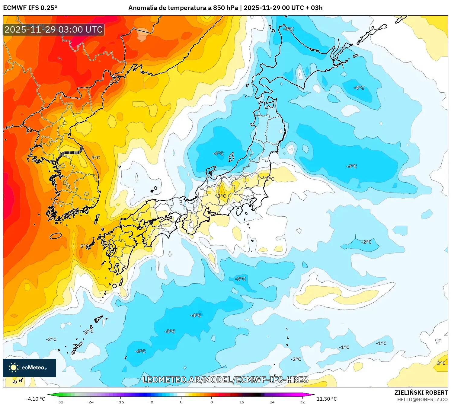 ECMWF IFS 0.25° model - Japón, Anomalía de temperatura a 850 hPa