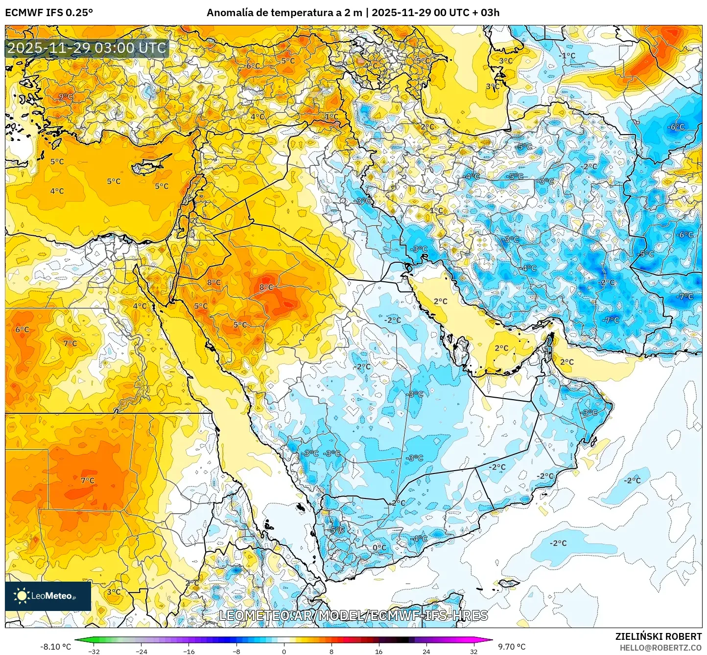 ECMWF IFS 0.25° model - Oriente Medio, Anomalía de temperatura a 2 m