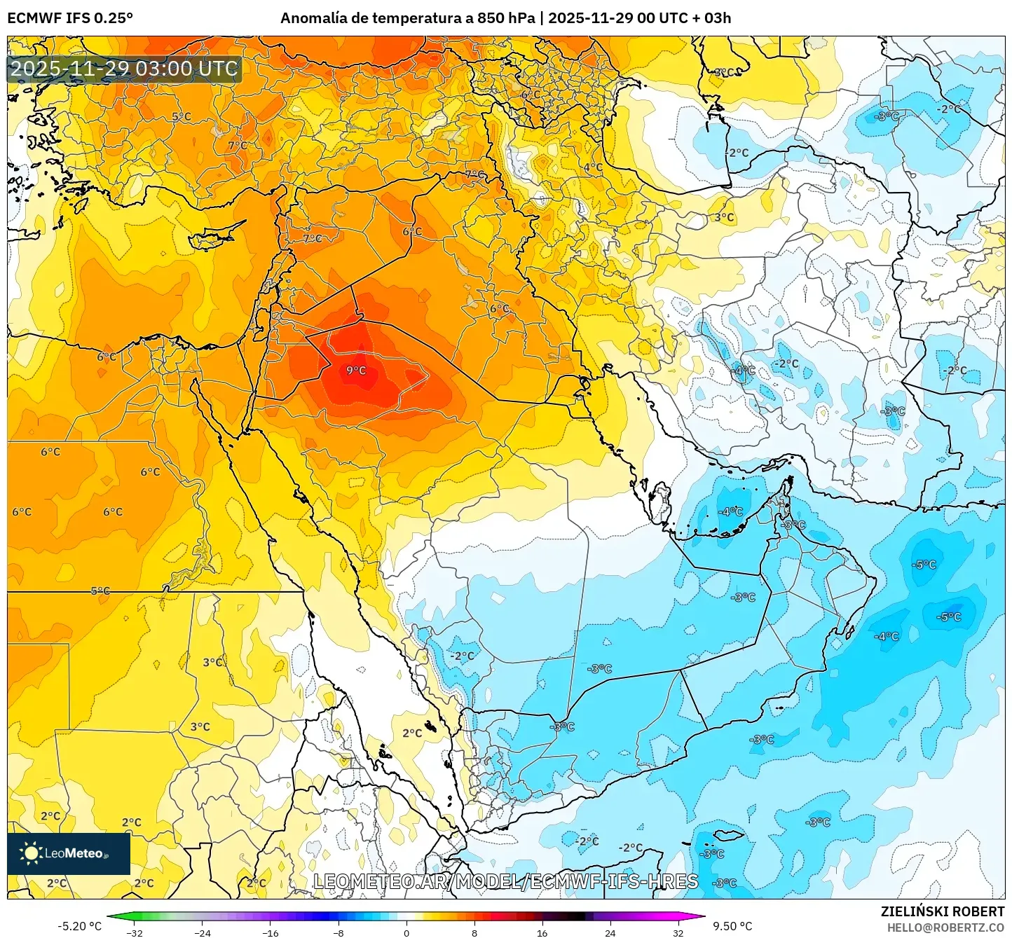 ECMWF IFS 0.25° model - Oriente Medio, Anomalía de temperatura a 850 hPa