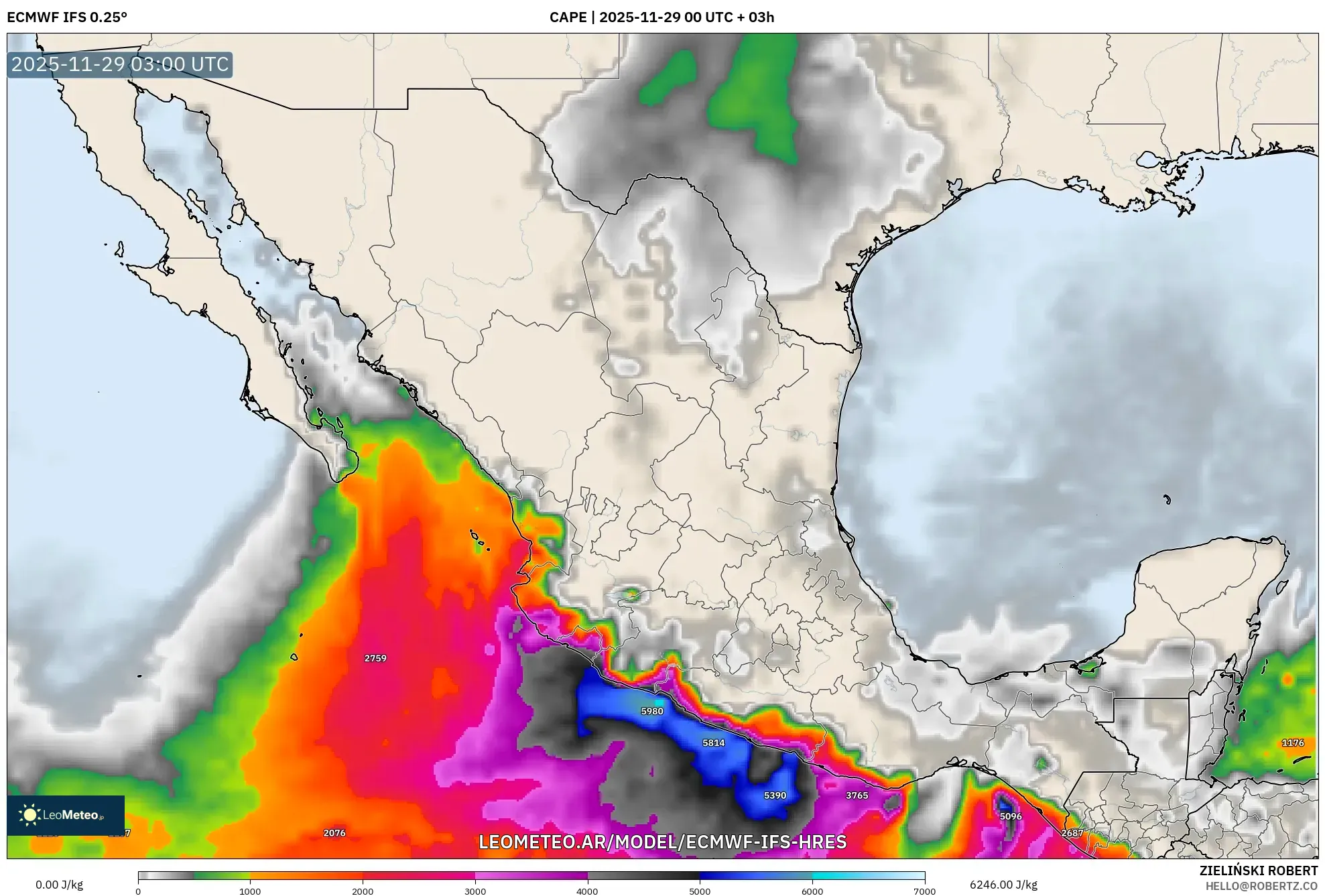 ECMWF IFS 0.25° model - México, CAPE