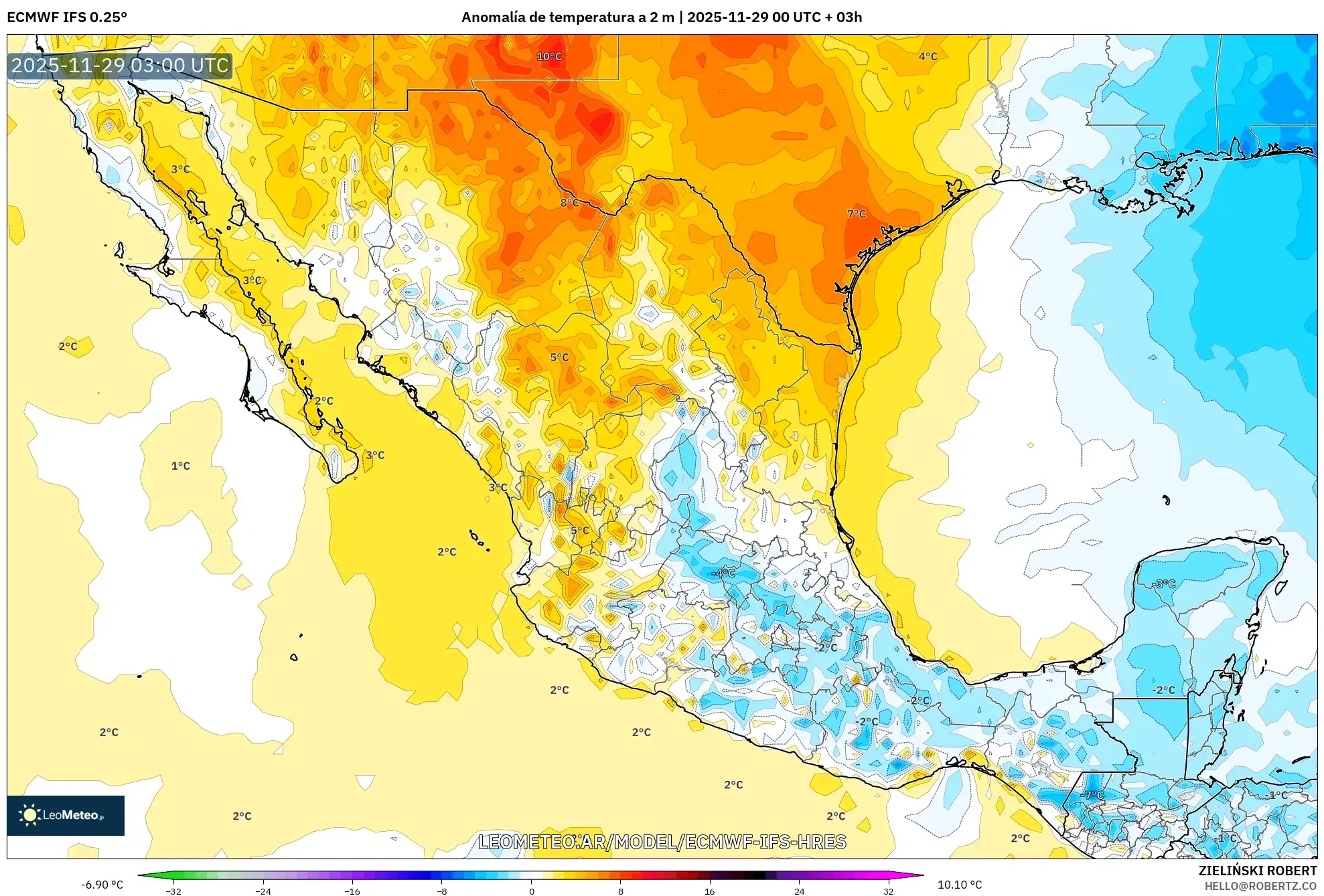 ECMWF IFS 0.25° model - México, Anomalía de temperatura a 2 m