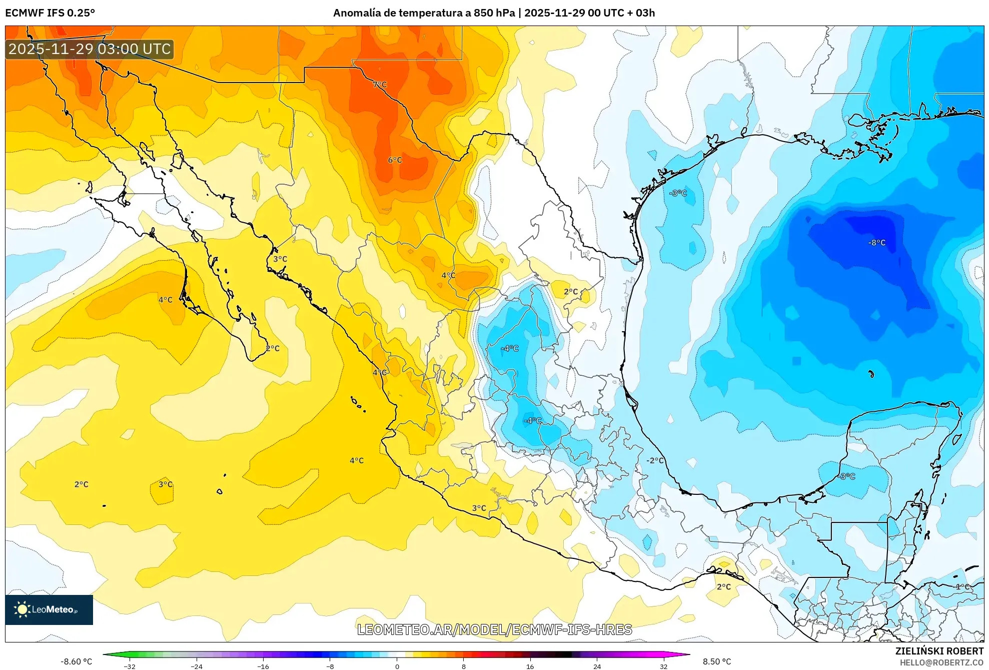 ECMWF IFS 0.25° model - México, Anomalía de temperatura a 850 hPa